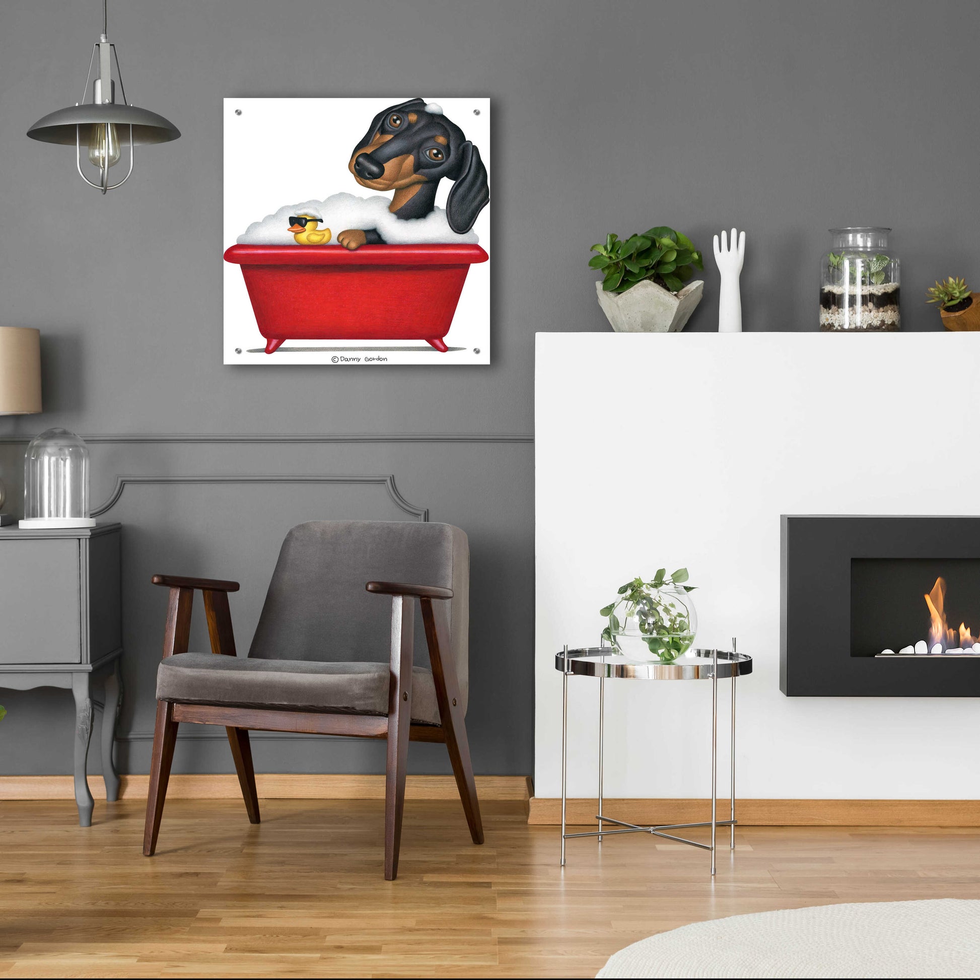 Epic Art 'Black Dachshund in Red Tub' by Danny Gordon Art, Acrylic Glass Wall Art,24x24