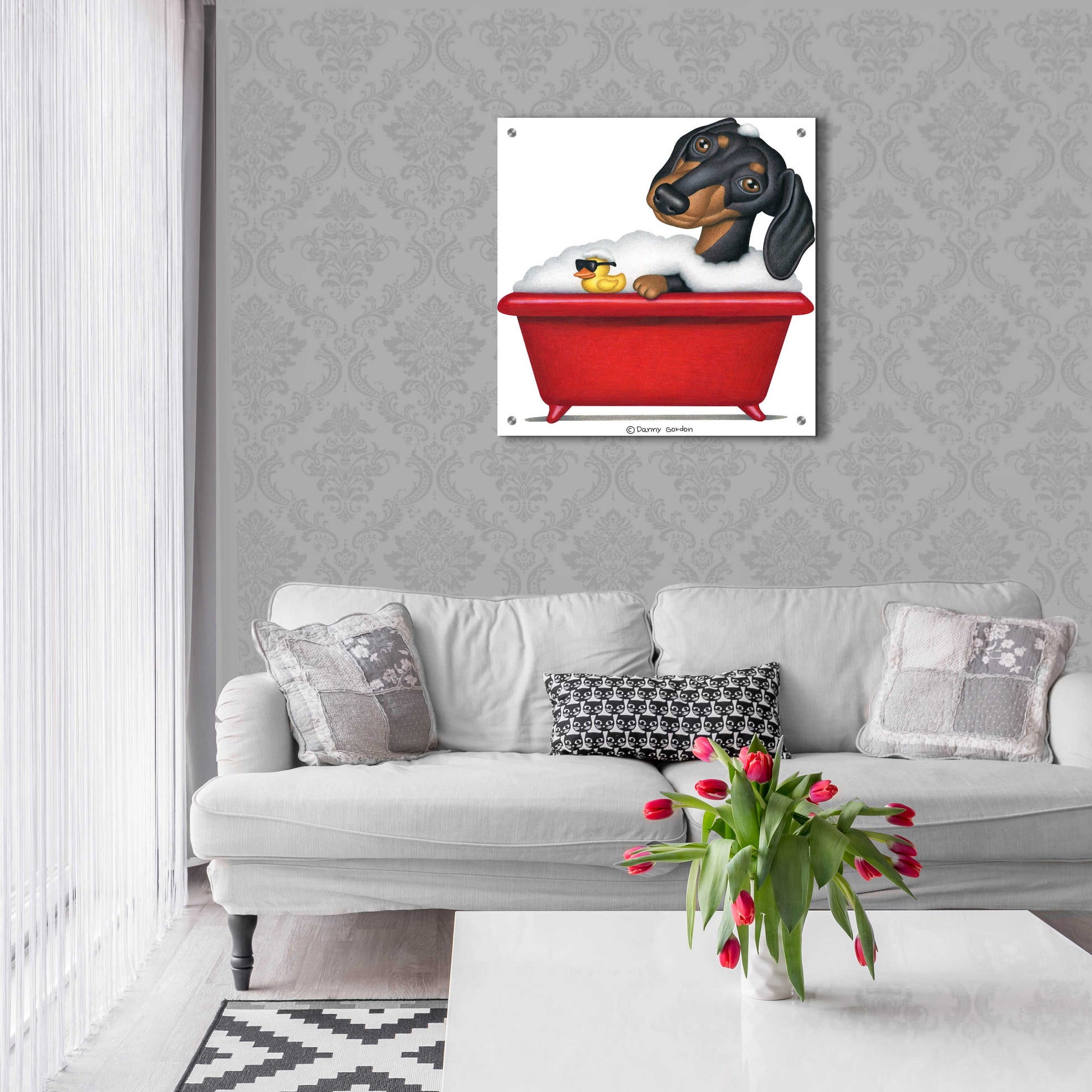 Epic Art 'Black Dachshund in Red Tub' by Danny Gordon Art, Acrylic Glass Wall Art,24x24