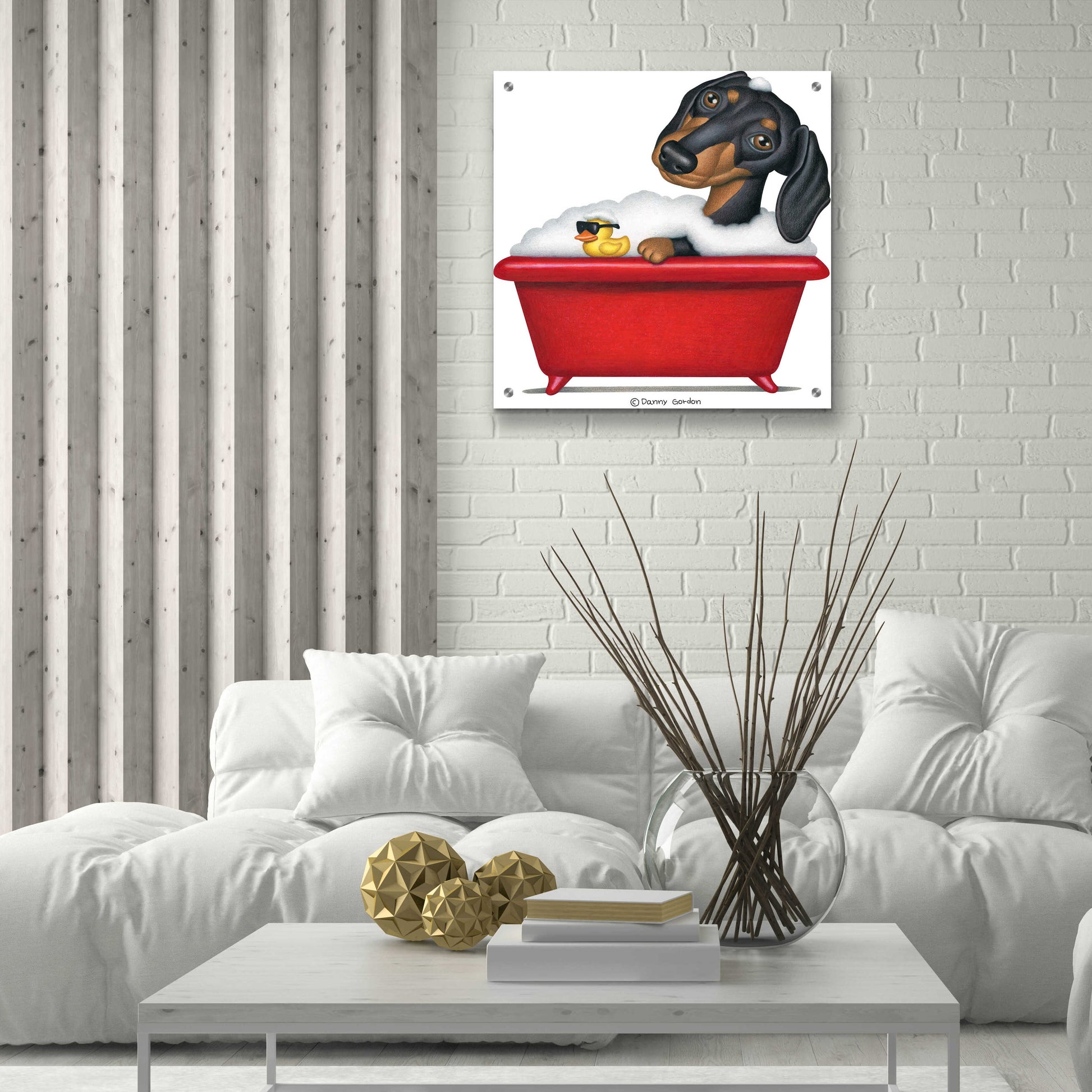 Epic Art 'Black Dachshund in Red Tub' by Danny Gordon Art, Acrylic Glass Wall Art,24x24