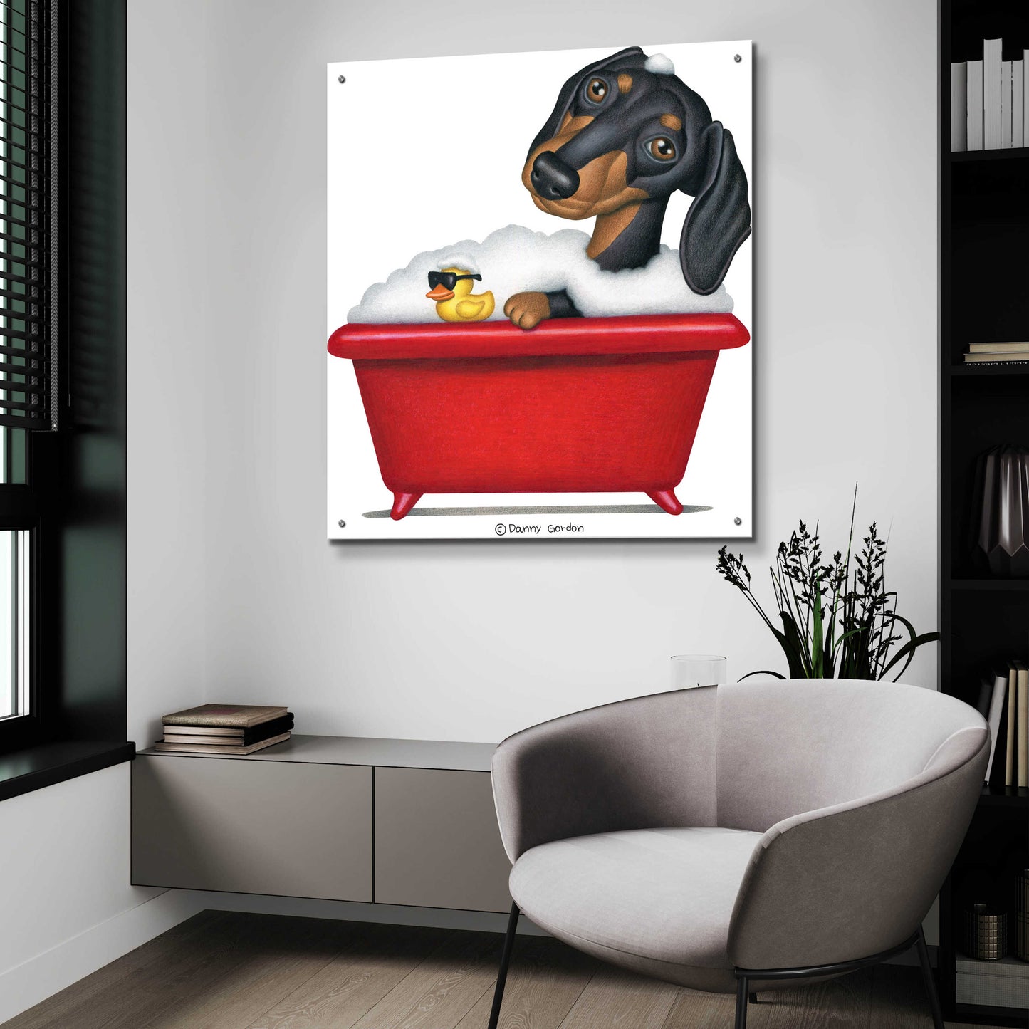 Epic Art 'Black Dachshund in Red Tub' by Danny Gordon Art, Acrylic Glass Wall Art,36x36