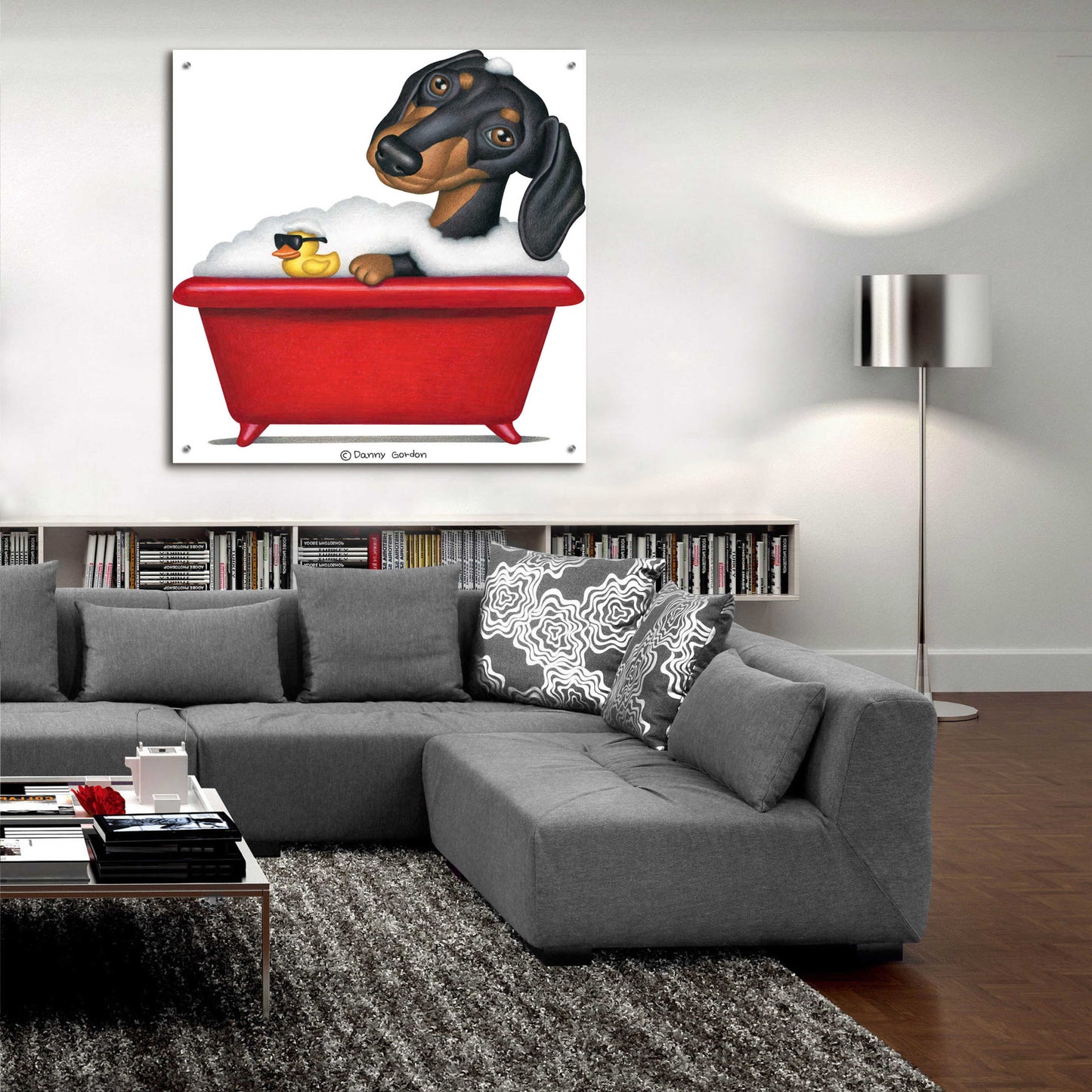 Epic Art 'Black Dachshund in Red Tub' by Danny Gordon Art, Acrylic Glass Wall Art,36x36