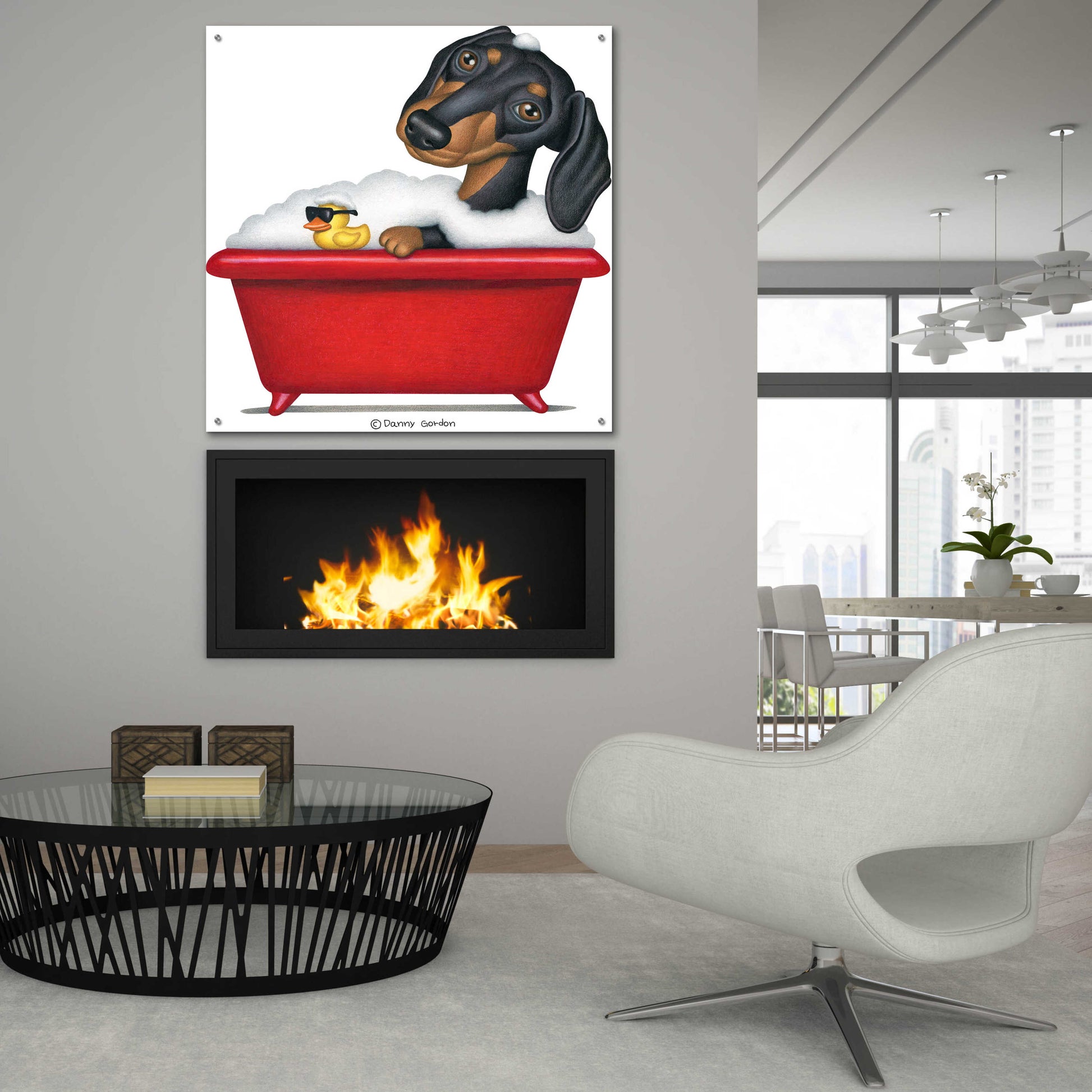 Epic Art 'Black Dachshund in Red Tub' by Danny Gordon Art, Acrylic Glass Wall Art,36x36