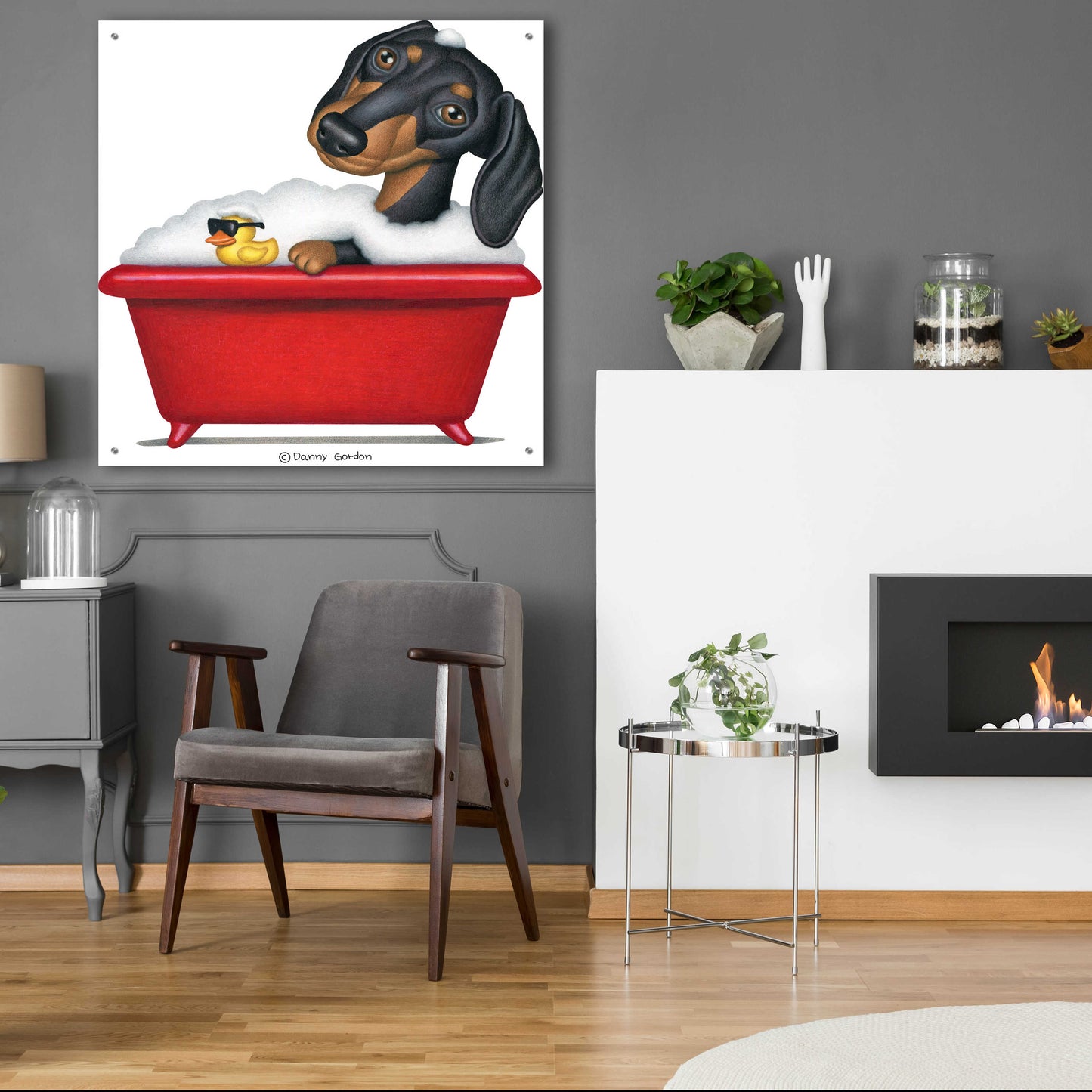 Epic Art 'Black Dachshund in Red Tub' by Danny Gordon Art, Acrylic Glass Wall Art,36x36