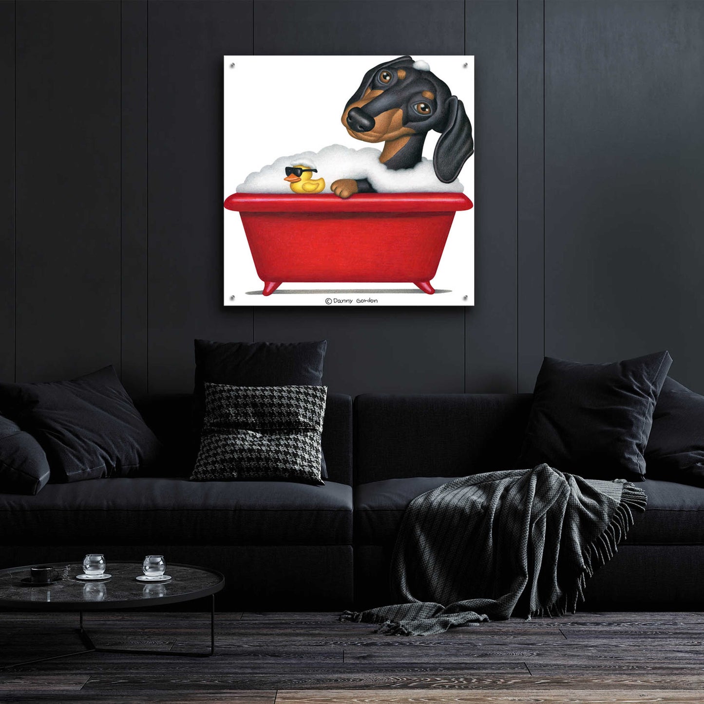 Epic Art 'Black Dachshund in Red Tub' by Danny Gordon Art, Acrylic Glass Wall Art,36x36