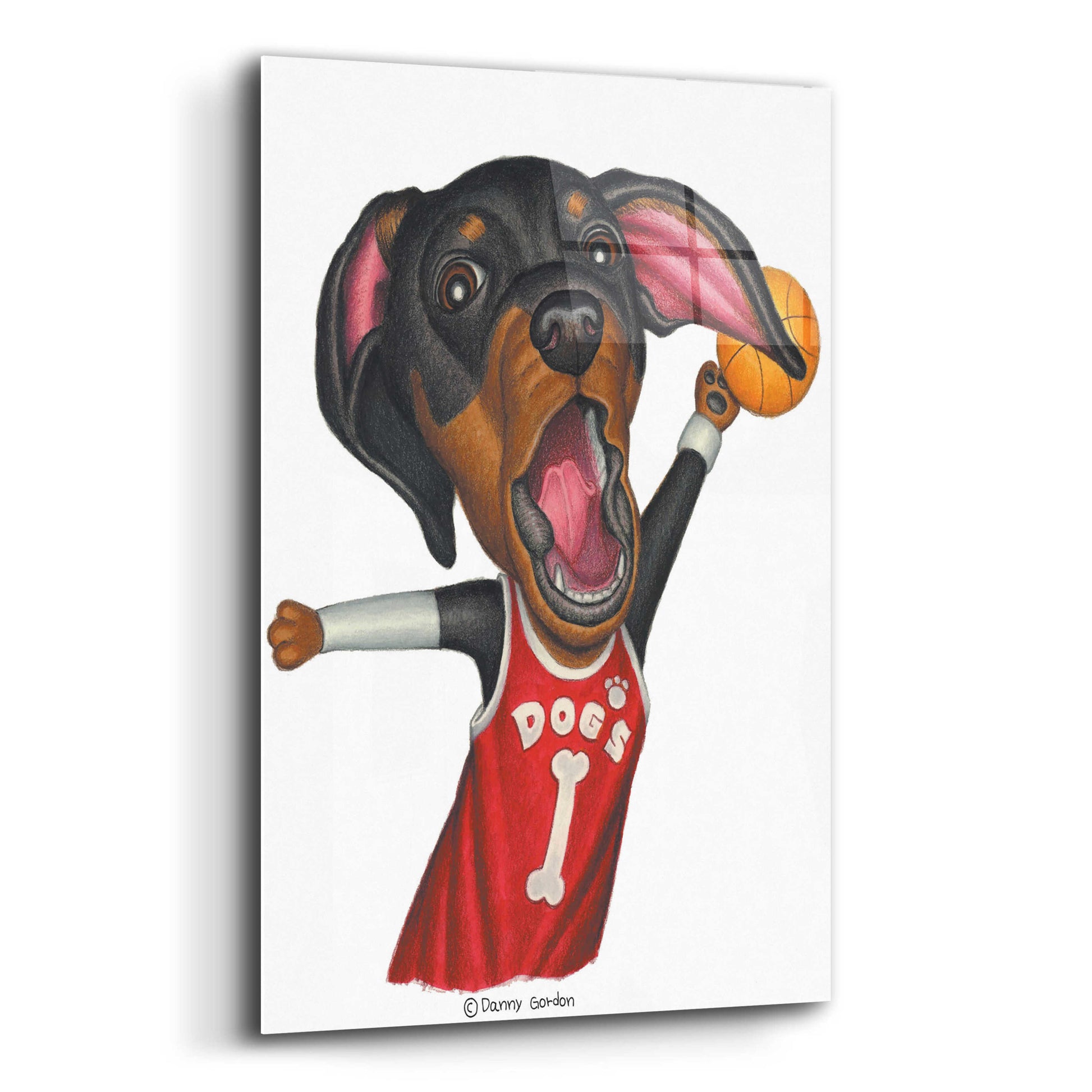 Epic Art 'Black Dachshund Playing Basketball' by Danny Gordon Art, Acrylic Glass Wall Art,12x16