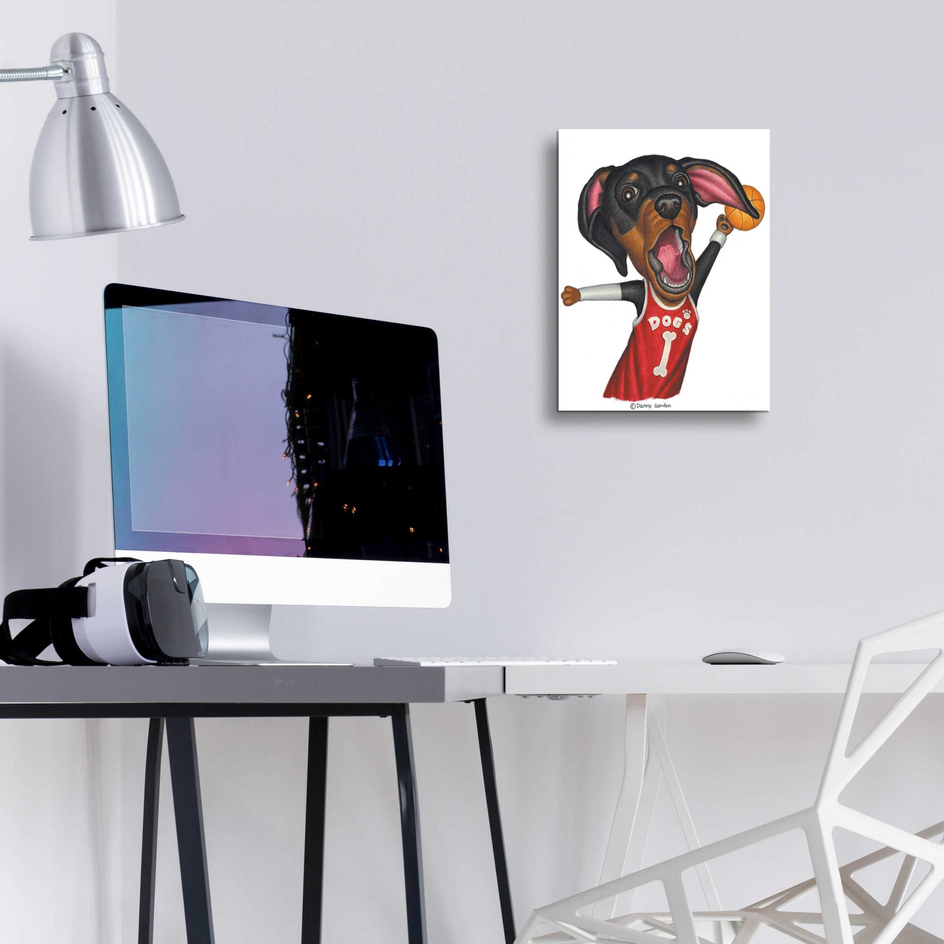 Epic Art 'Black Dachshund Playing Basketball' by Danny Gordon Art, Acrylic Glass Wall Art,12x16