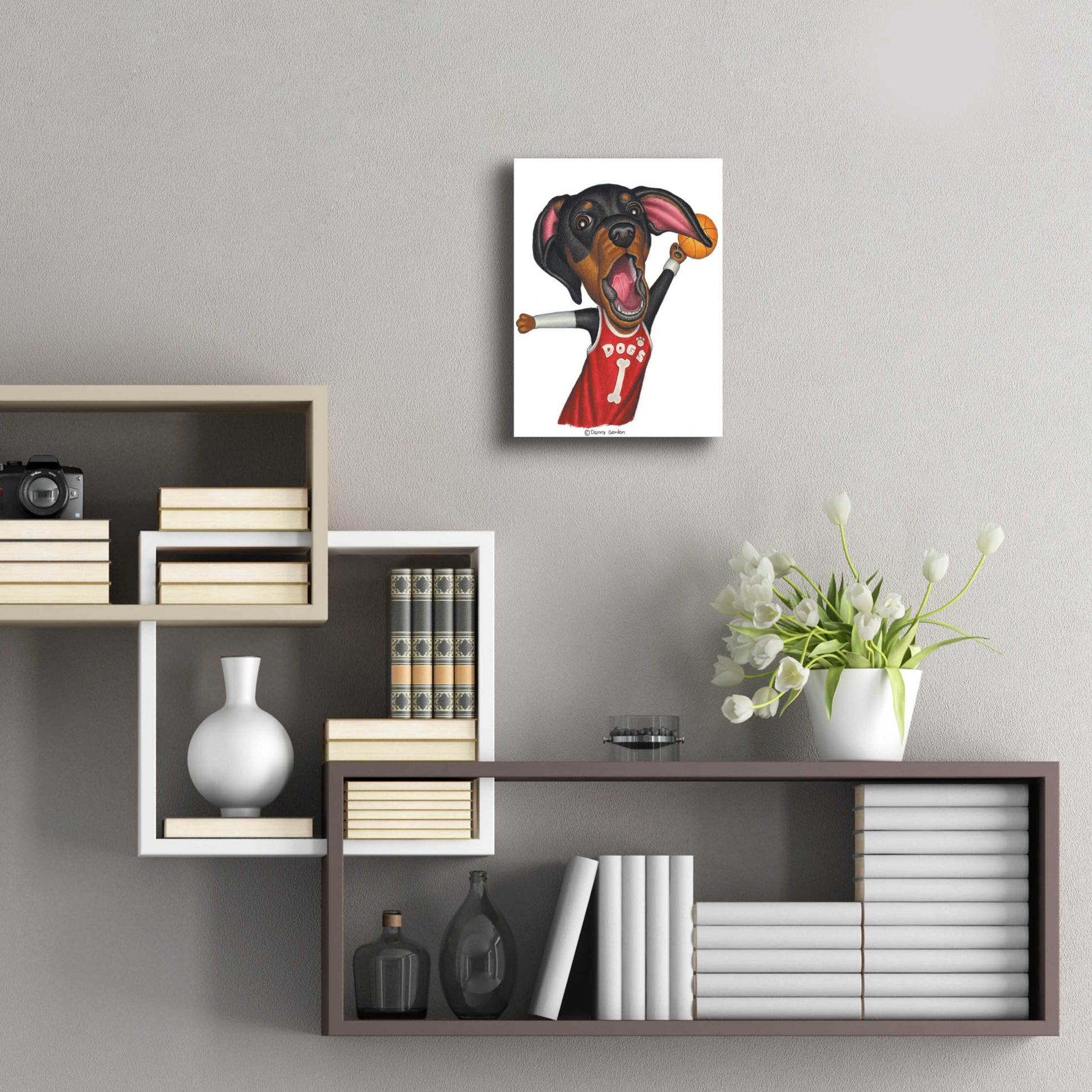 Epic Art 'Black Dachshund Playing Basketball' by Danny Gordon Art, Acrylic Glass Wall Art,12x16