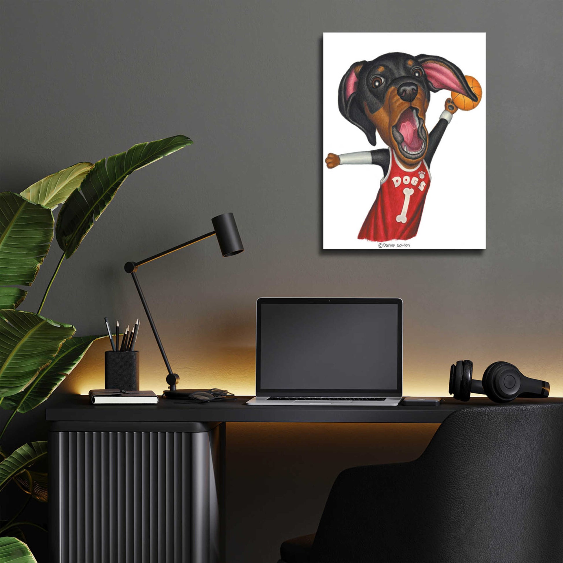 Epic Art 'Black Dachshund Playing Basketball' by Danny Gordon Art, Acrylic Glass Wall Art,12x16