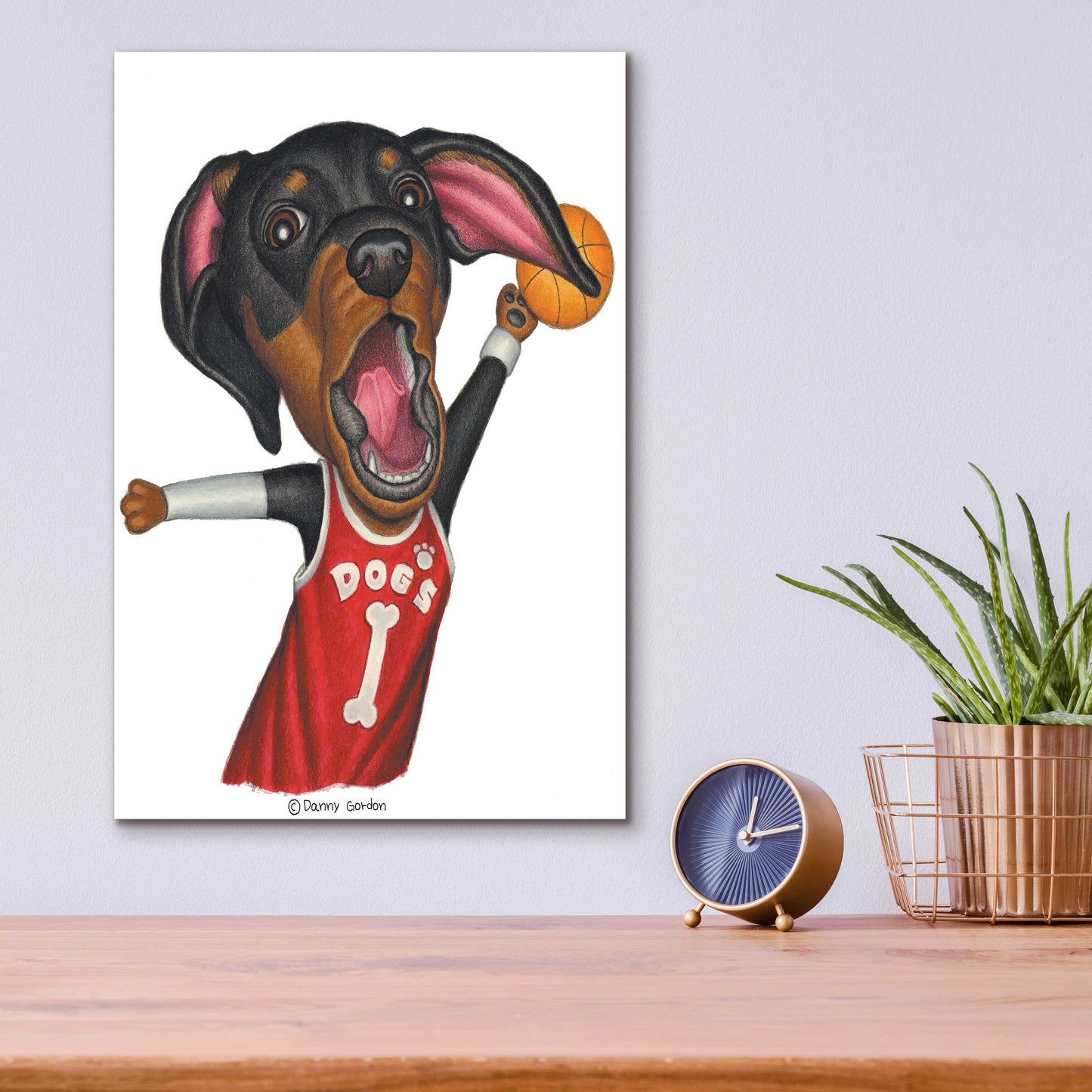 Epic Art 'Black Dachshund Playing Basketball' by Danny Gordon Art, Acrylic Glass Wall Art,12x16