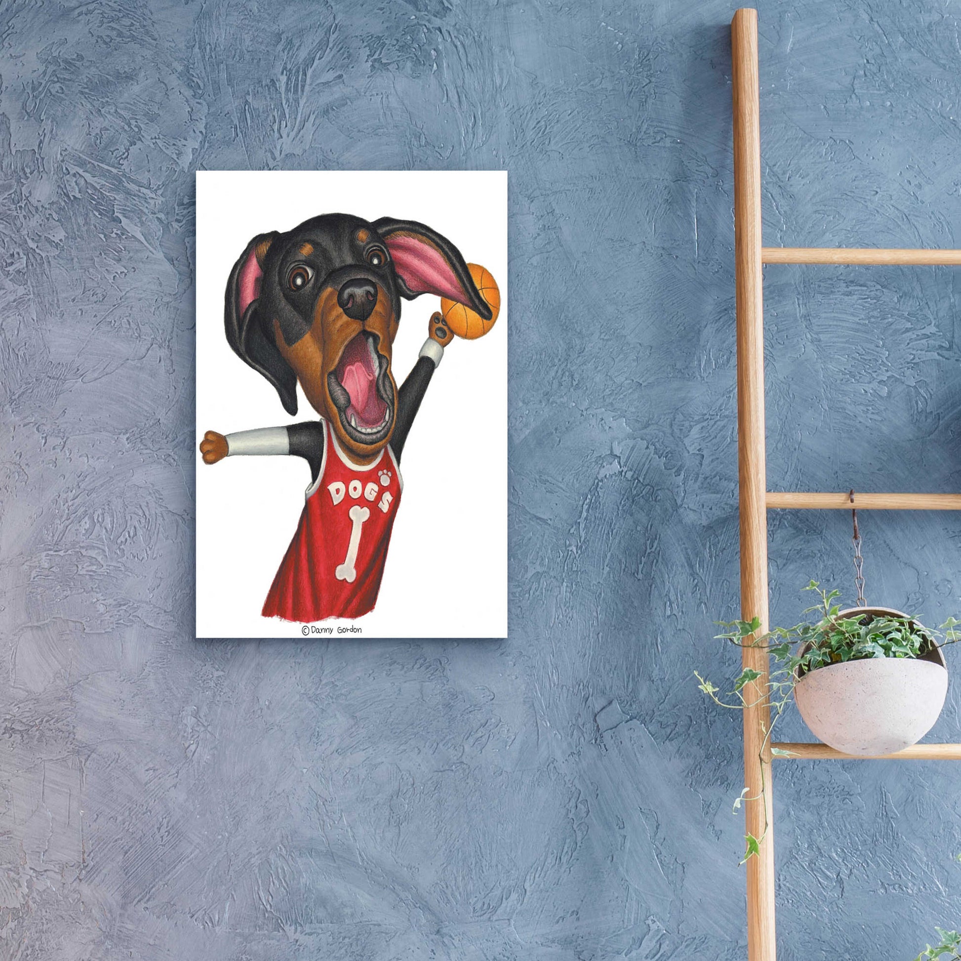 Epic Art 'Black Dachshund Playing Basketball' by Danny Gordon Art, Acrylic Glass Wall Art,16x24