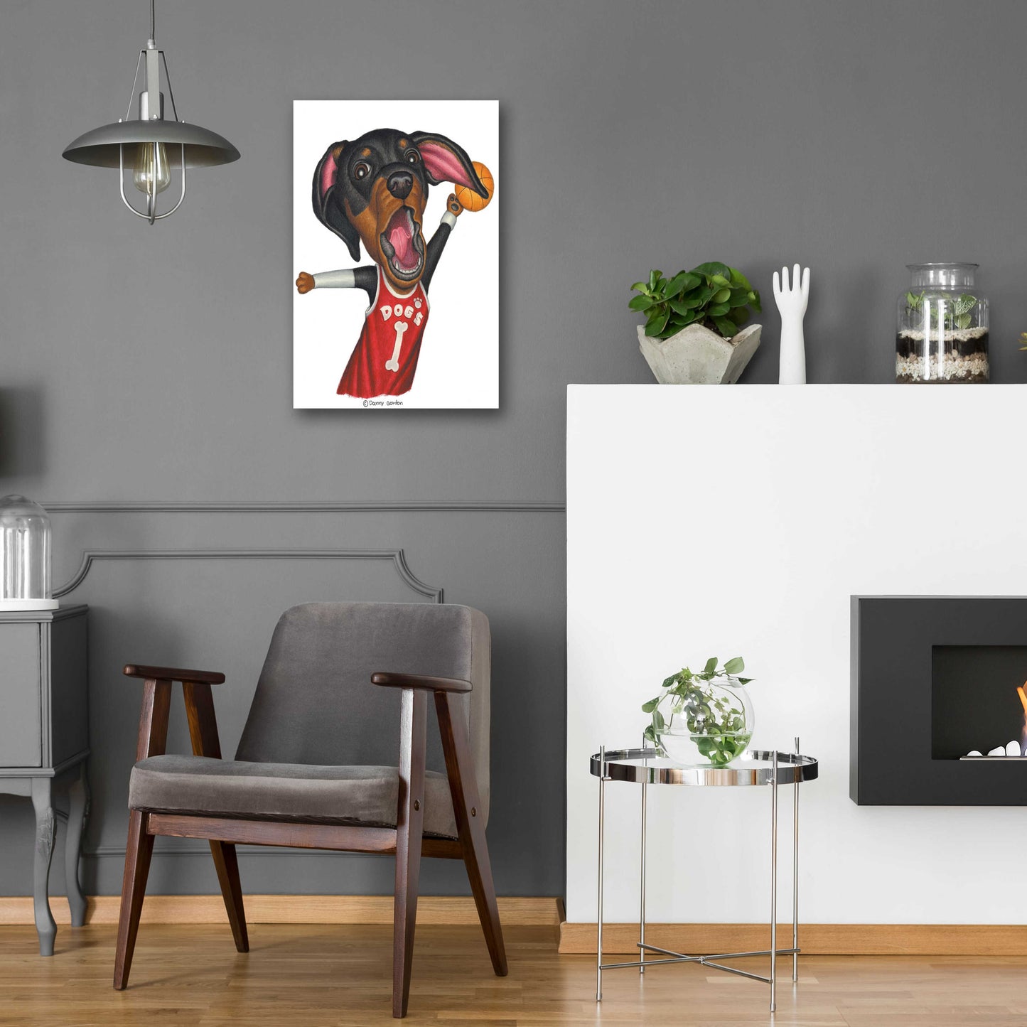 Epic Art 'Black Dachshund Playing Basketball' by Danny Gordon Art, Acrylic Glass Wall Art,16x24