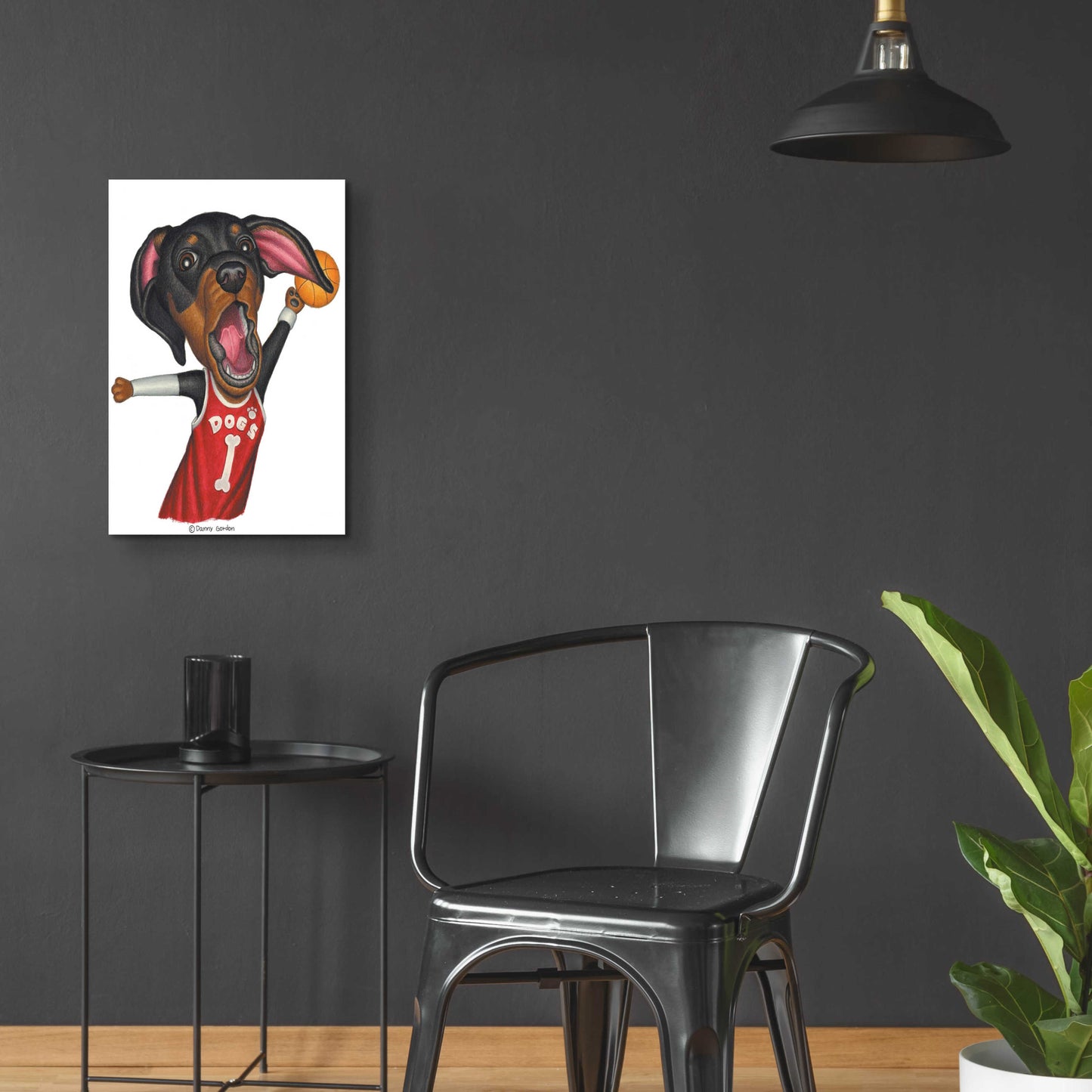 Epic Art 'Black Dachshund Playing Basketball' by Danny Gordon Art, Acrylic Glass Wall Art,16x24