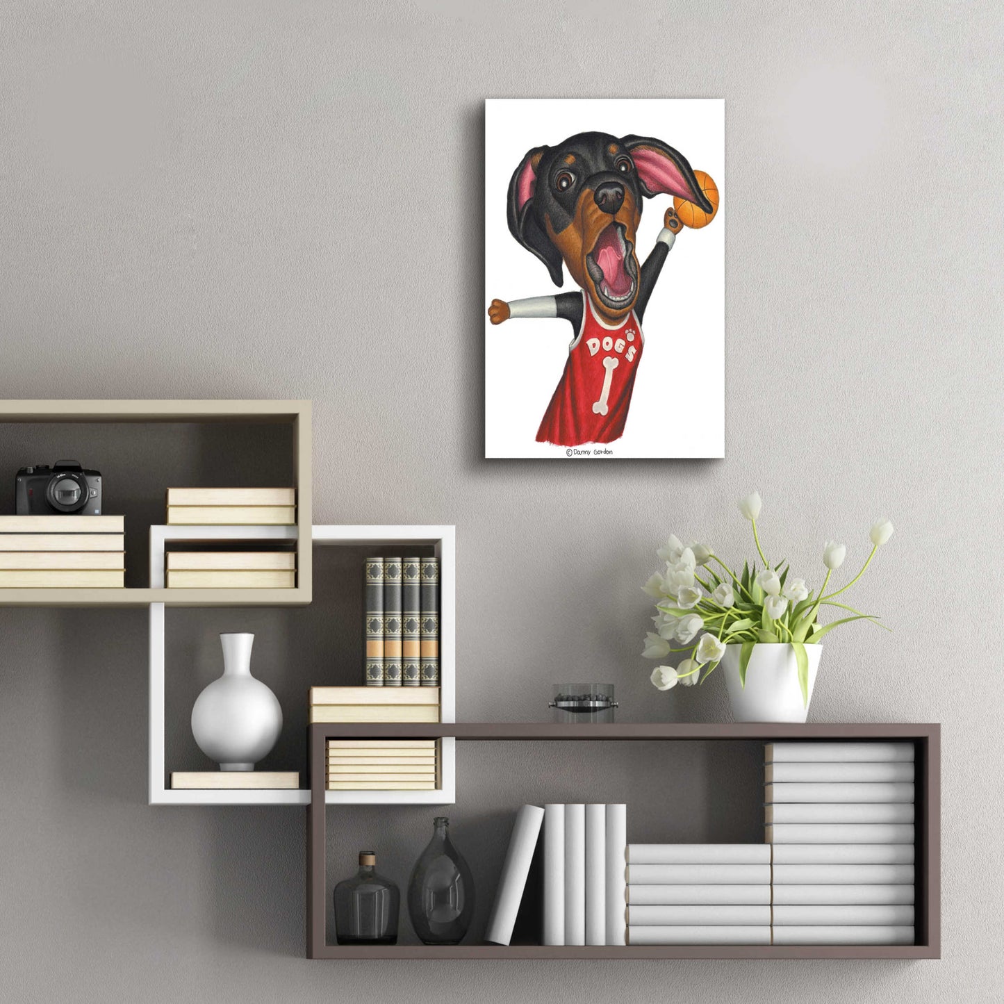 Epic Art 'Black Dachshund Playing Basketball' by Danny Gordon Art, Acrylic Glass Wall Art,16x24