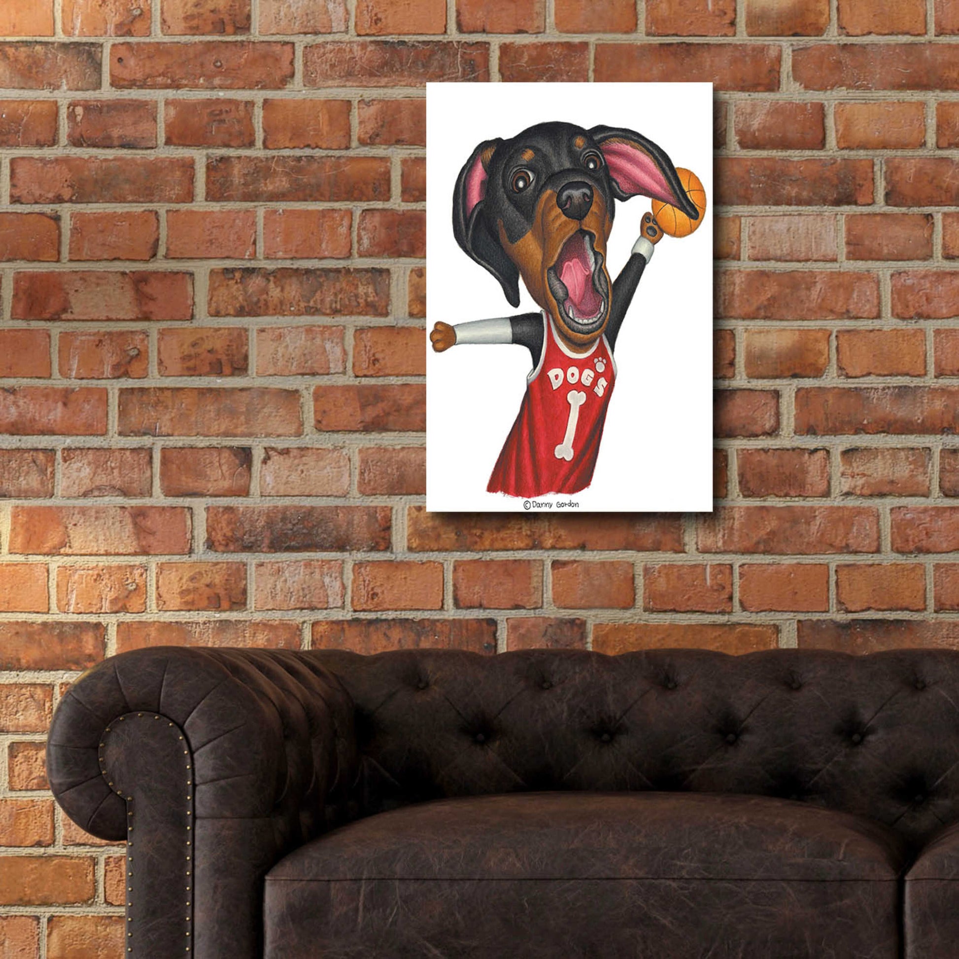 Epic Art 'Black Dachshund Playing Basketball' by Danny Gordon Art, Acrylic Glass Wall Art,16x24