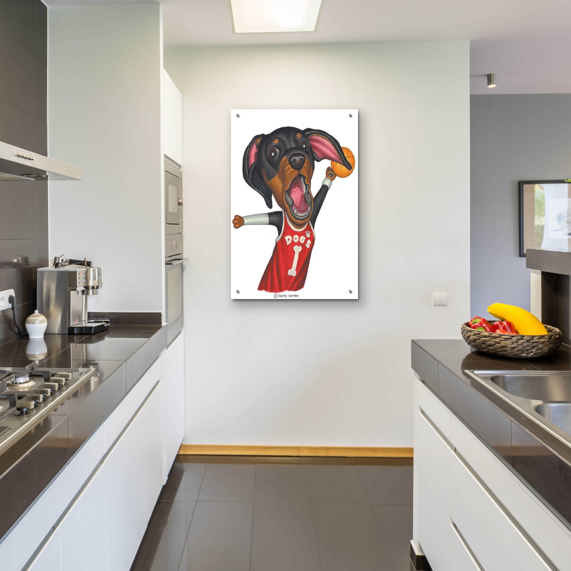 Epic Art 'Black Dachshund Playing Basketball' by Danny Gordon Art, Acrylic Glass Wall Art,24x36