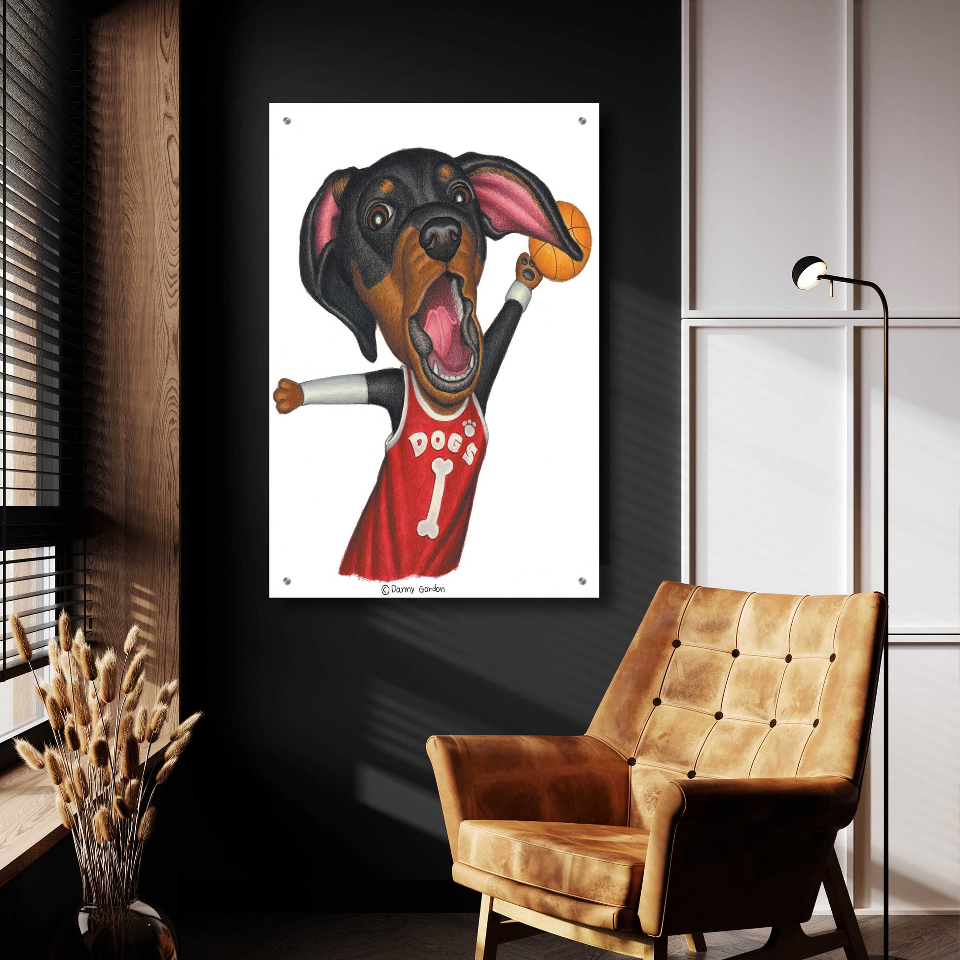 Epic Art 'Black Dachshund Playing Basketball' by Danny Gordon Art, Acrylic Glass Wall Art,24x36