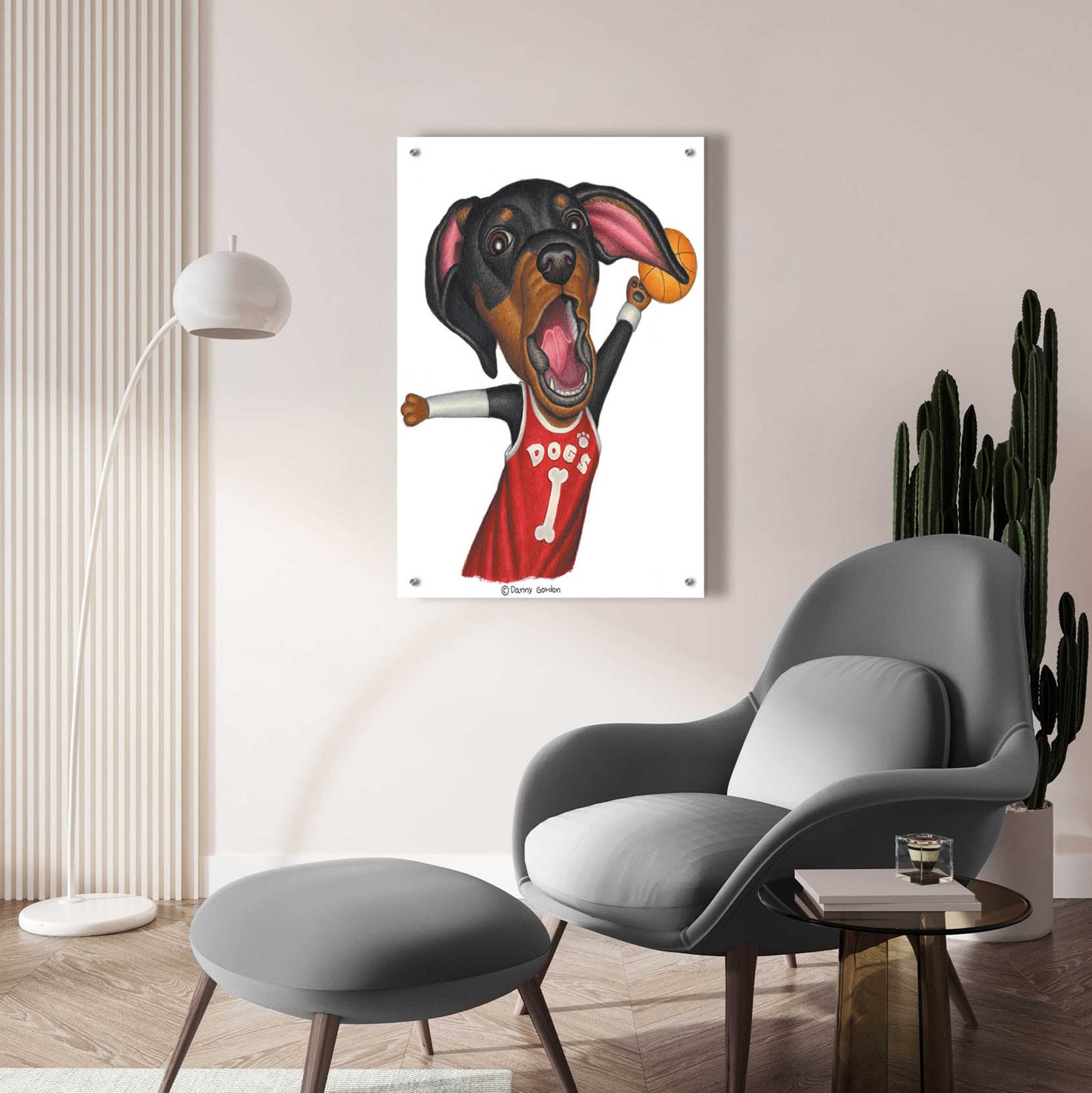 Epic Art 'Black Dachshund Playing Basketball' by Danny Gordon Art, Acrylic Glass Wall Art,24x36