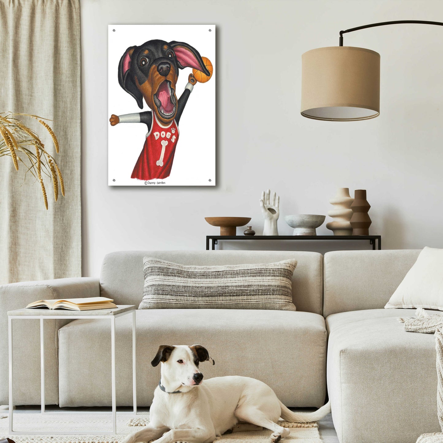 Epic Art 'Black Dachshund Playing Basketball' by Danny Gordon Art, Acrylic Glass Wall Art,24x36