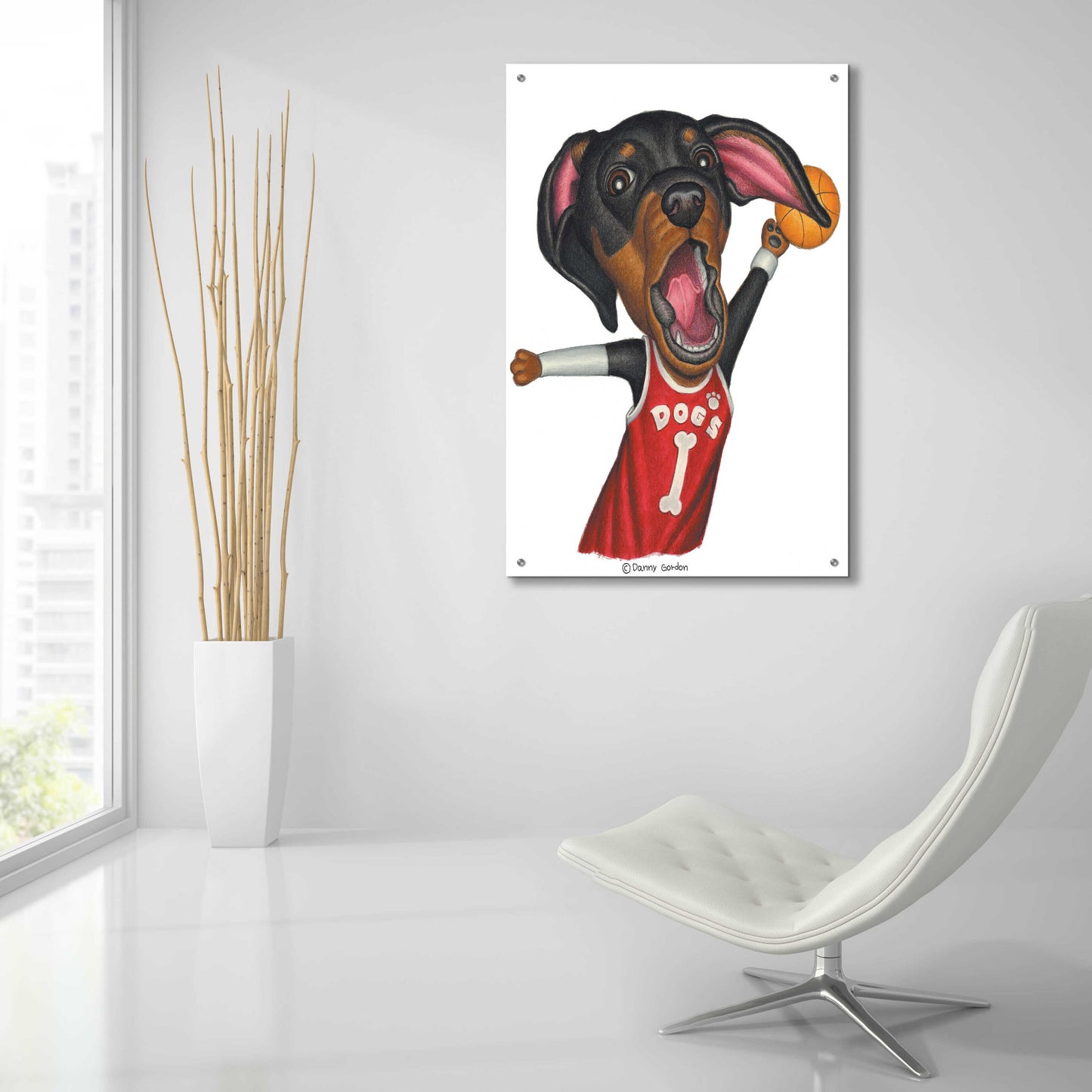 Epic Art 'Black Dachshund Playing Basketball' by Danny Gordon Art, Acrylic Glass Wall Art,24x36