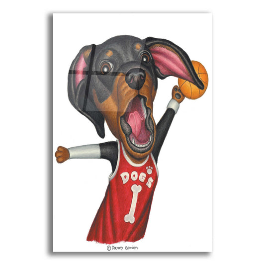 Epic Art 'Black Dachshund Playing Basketball' by Danny Gordon Art, Acrylic Glass Wall Art