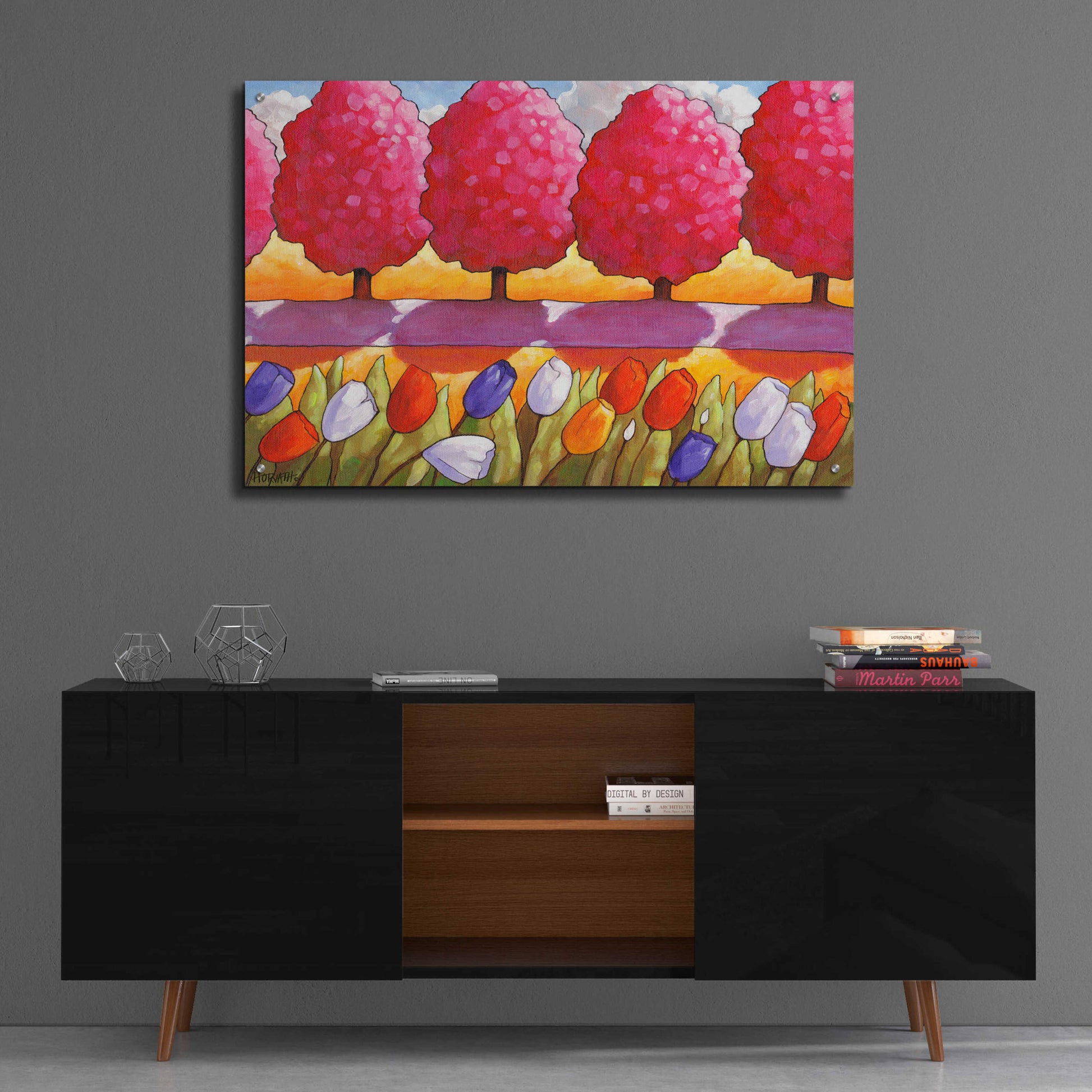 Epic Art 'Pink Trees Path & Tulips' by Cathy Horvath-Buchanan, Acrylic Glass Wall Art,36x24