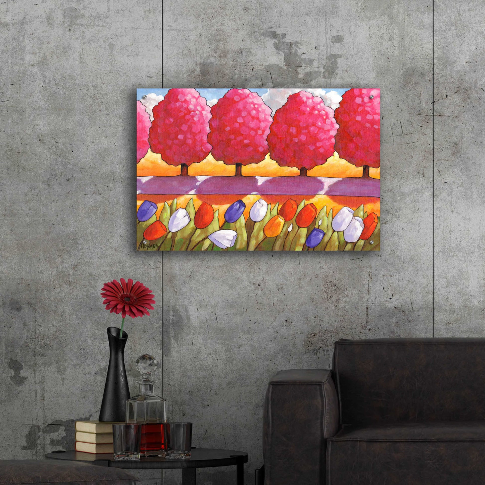 Epic Art 'Pink Trees Path & Tulips' by Cathy Horvath-Buchanan, Acrylic Glass Wall Art,36x24