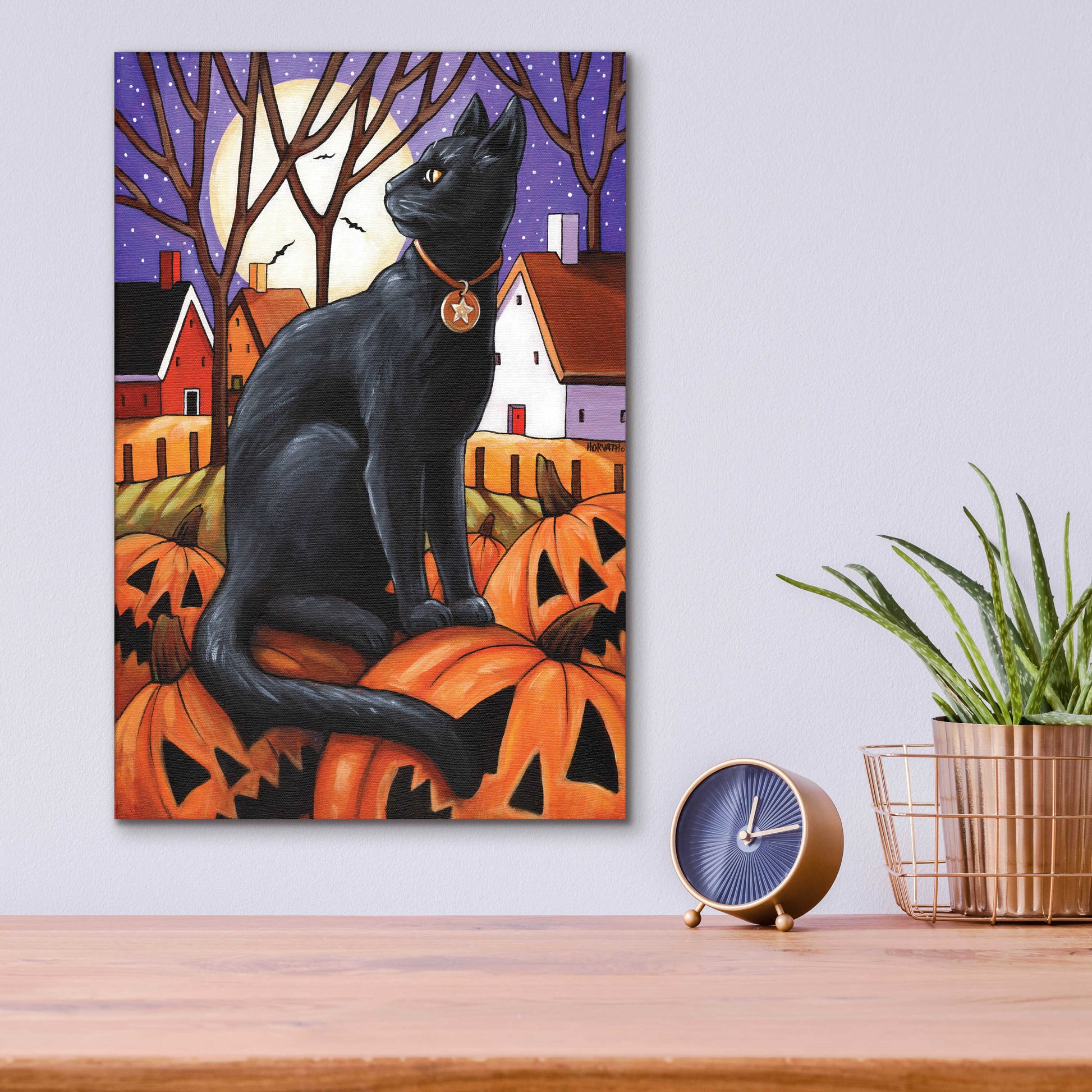 Epic Art 'Moon Cat & Pumpkins' by Cathy Horvath-Buchanan, Acrylic Glass Wall Art,12x16