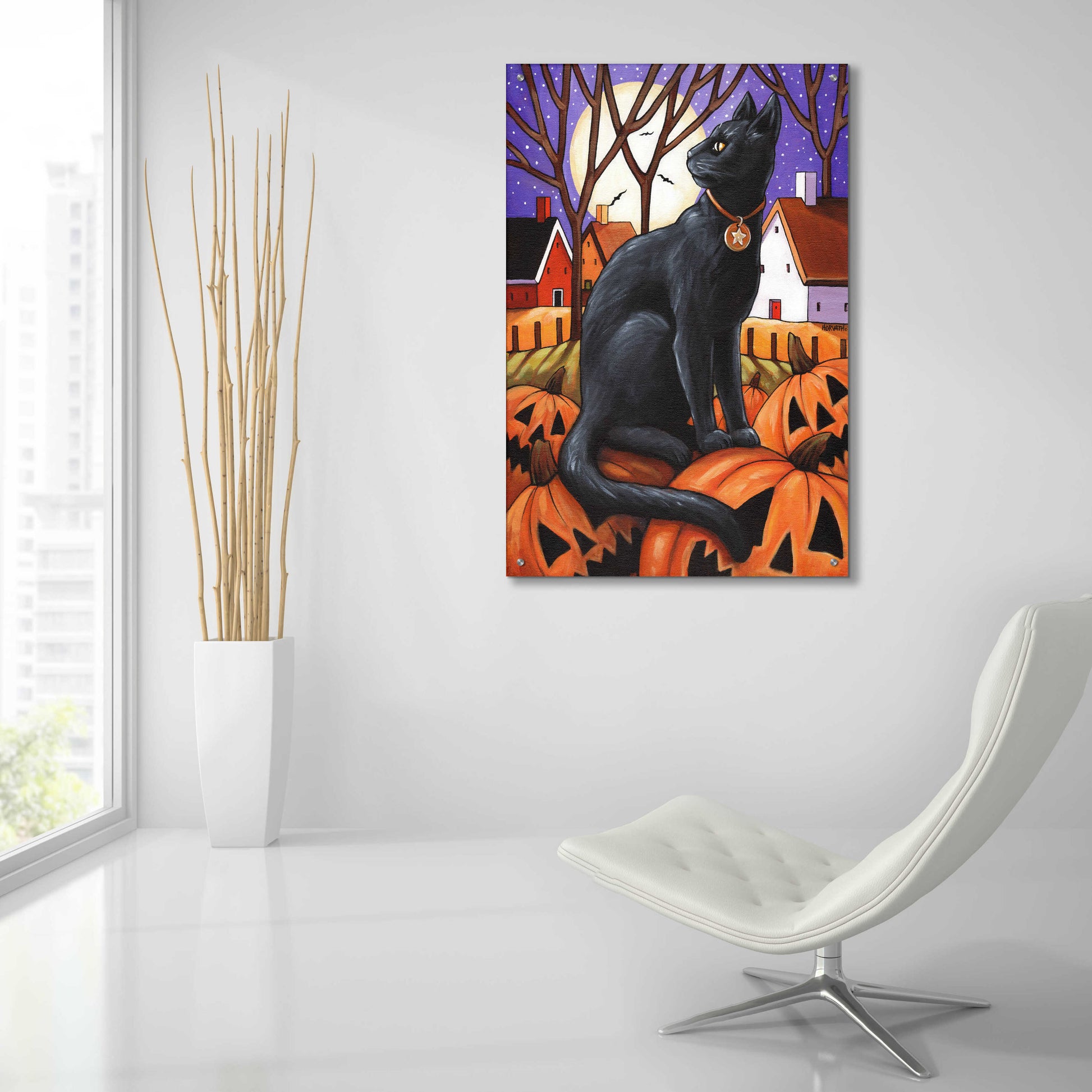 Epic Art 'Moon Cat & Pumpkins' by Cathy Horvath-Buchanan, Acrylic Glass Wall Art,24x36