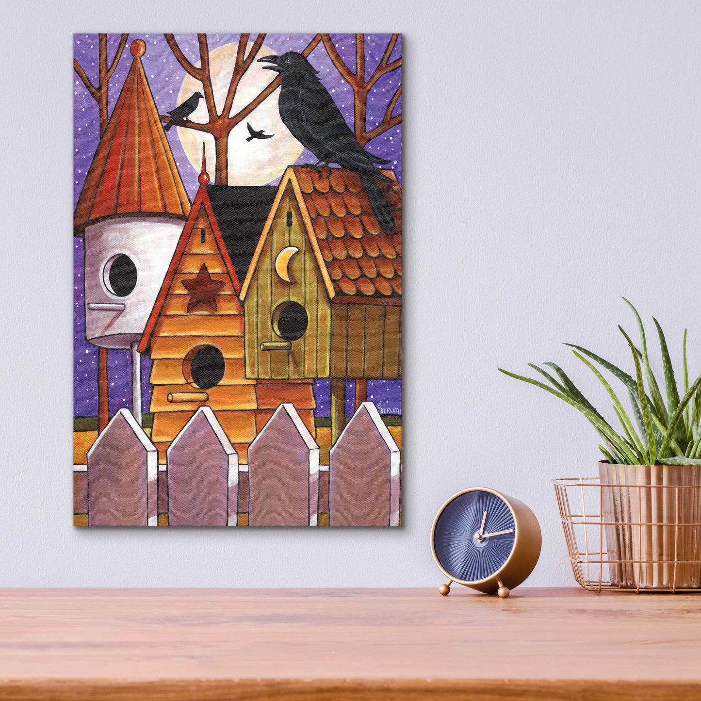 Epic Art 'Moon Crows Houses' by Cathy Horvath-Buchanan, Acrylic Glass Wall Art,12x16