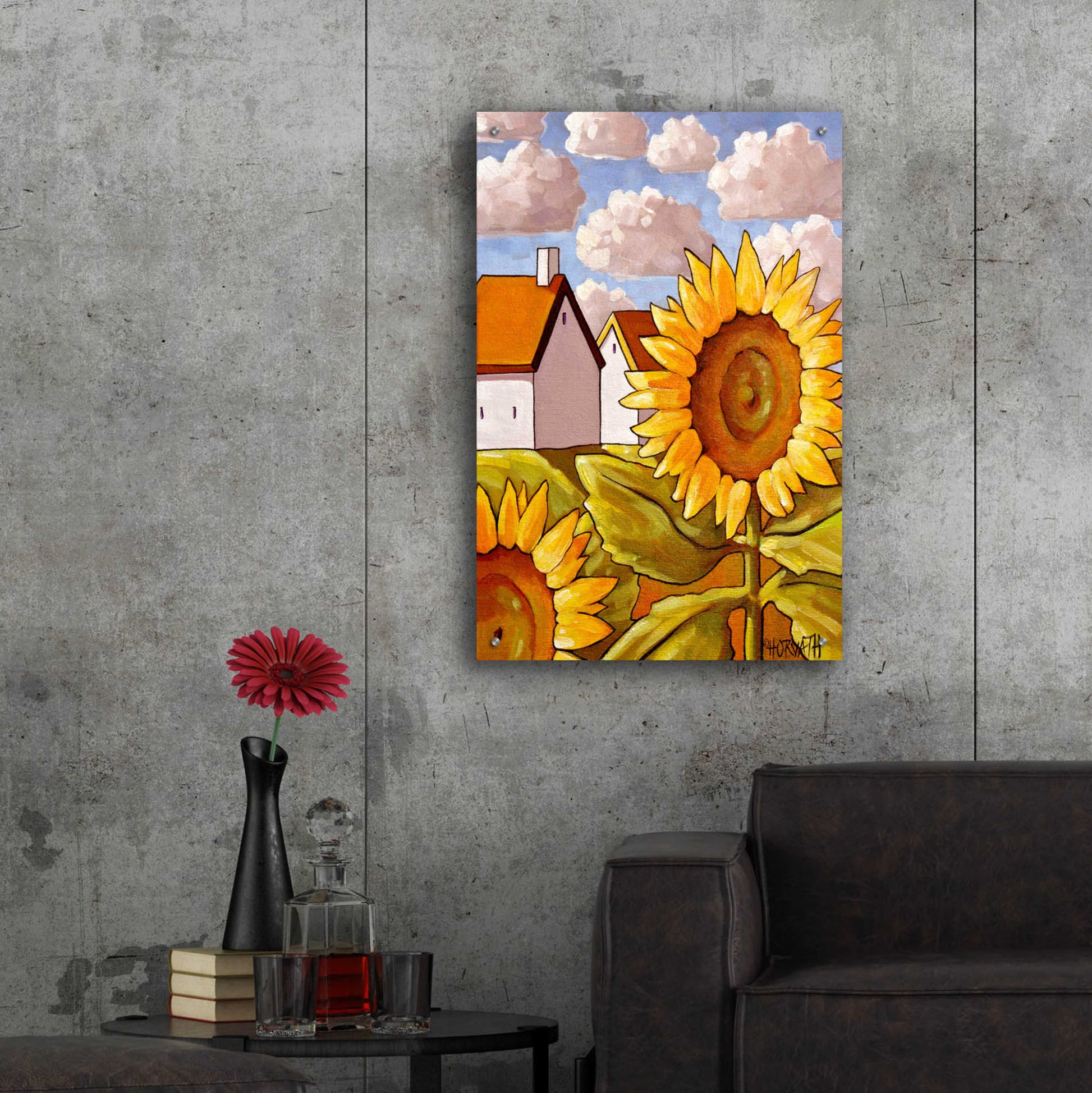 Epic Art 'Sunflower & Cottages Scenic View' by Cathy Horvath-Buchanan, Acrylic Glass Wall Art,24x36