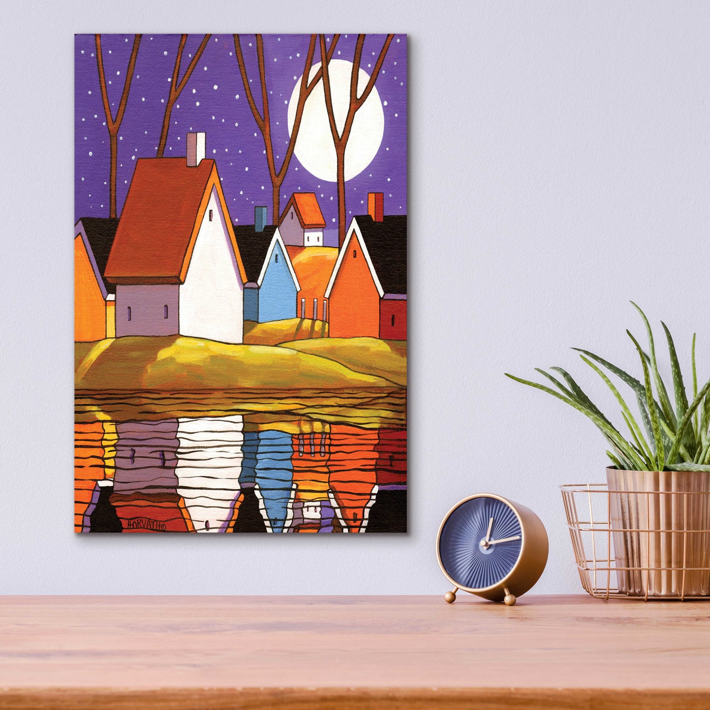 Epic Art 'Purple Sky and Stars Cottages' by Cathy Horvath-Buchanan, Acrylic Glass Wall Art,12x16