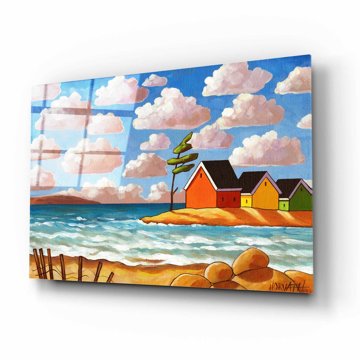 Epic Art 'Waves and Colorful Cabins Beach' by Cathy Horvath-Buchanan, Acrylic Glass Wall Art,16x12