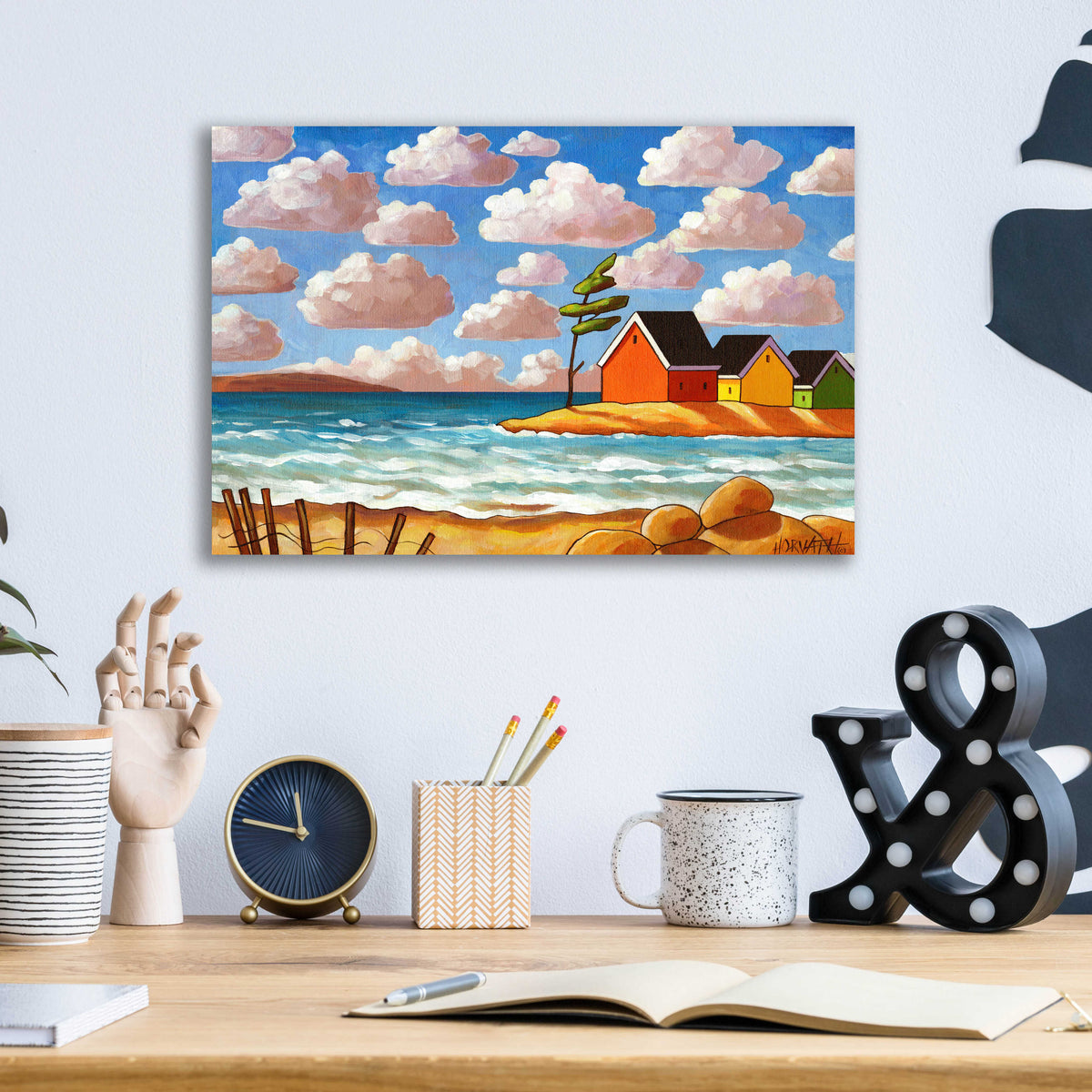 Epic Art 'Waves and Colorful Cabins Beach' by Cathy Horvath-Buchanan, Acrylic Glass Wall Art,16x12