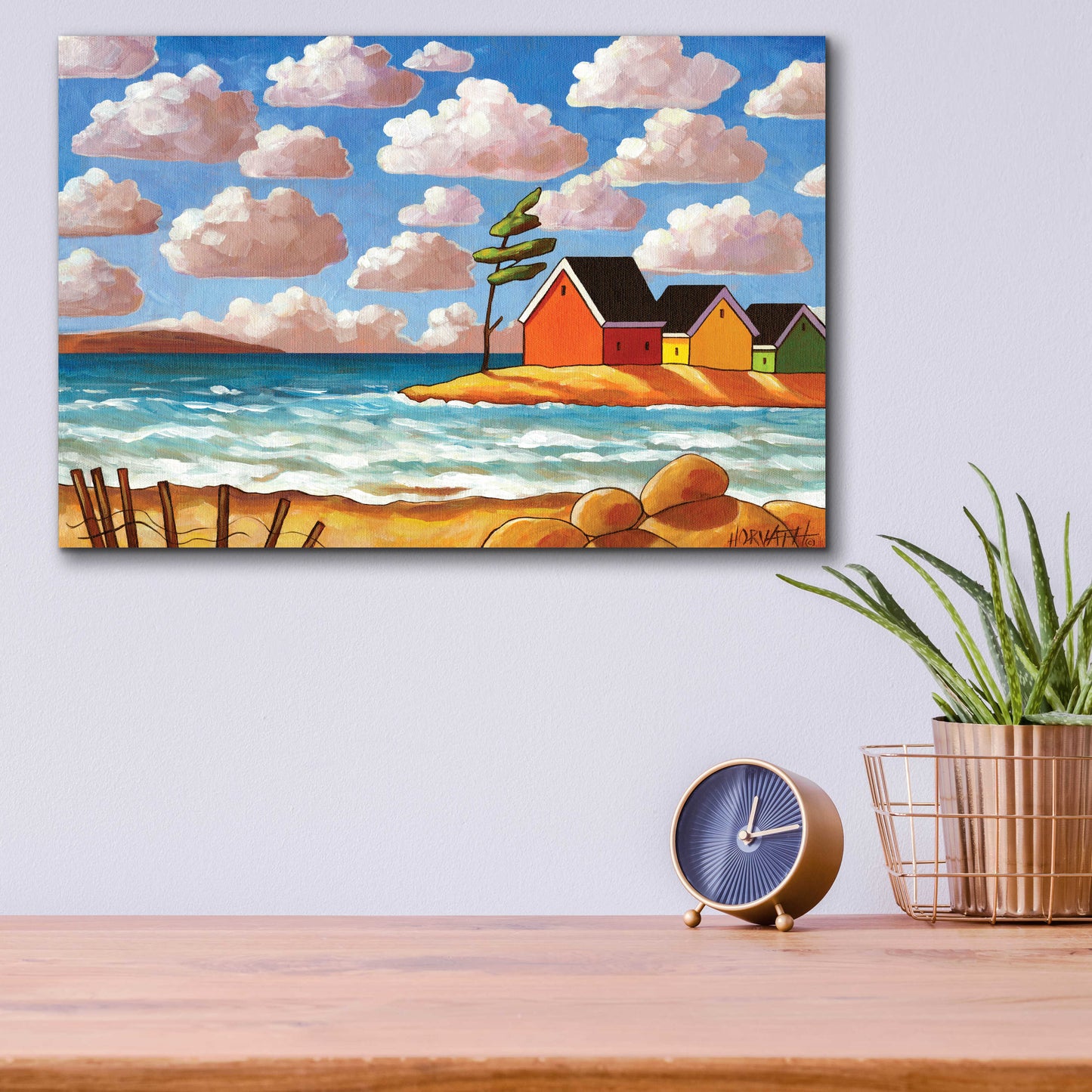 Epic Art 'Waves and Colorful Cabins Beach' by Cathy Horvath-Buchanan, Acrylic Glass Wall Art,16x12