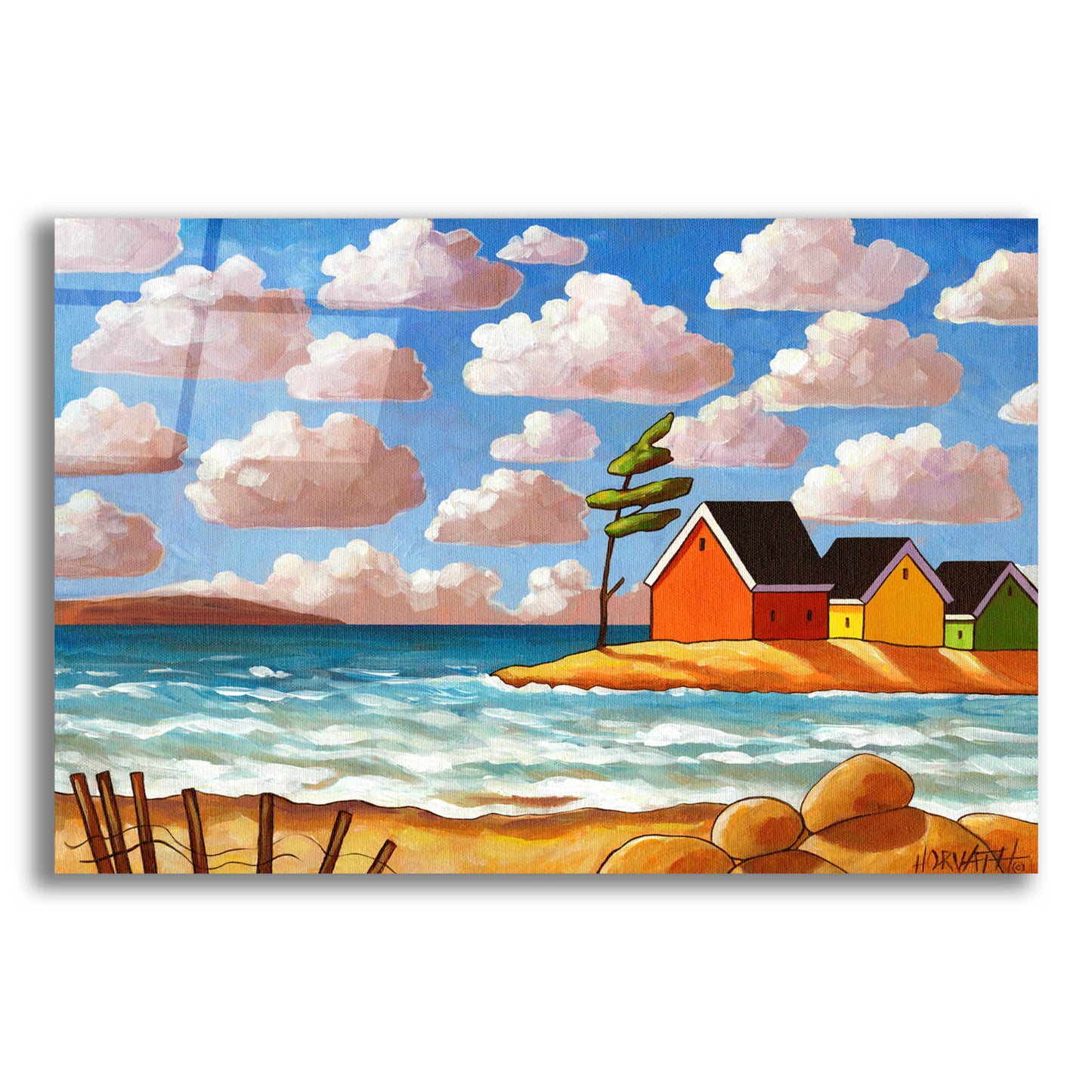 Epic Art 'Waves and Colorful Cabins Beach' by Cathy Horvath-Buchanan, Acrylic Glass Wall Art,24x16