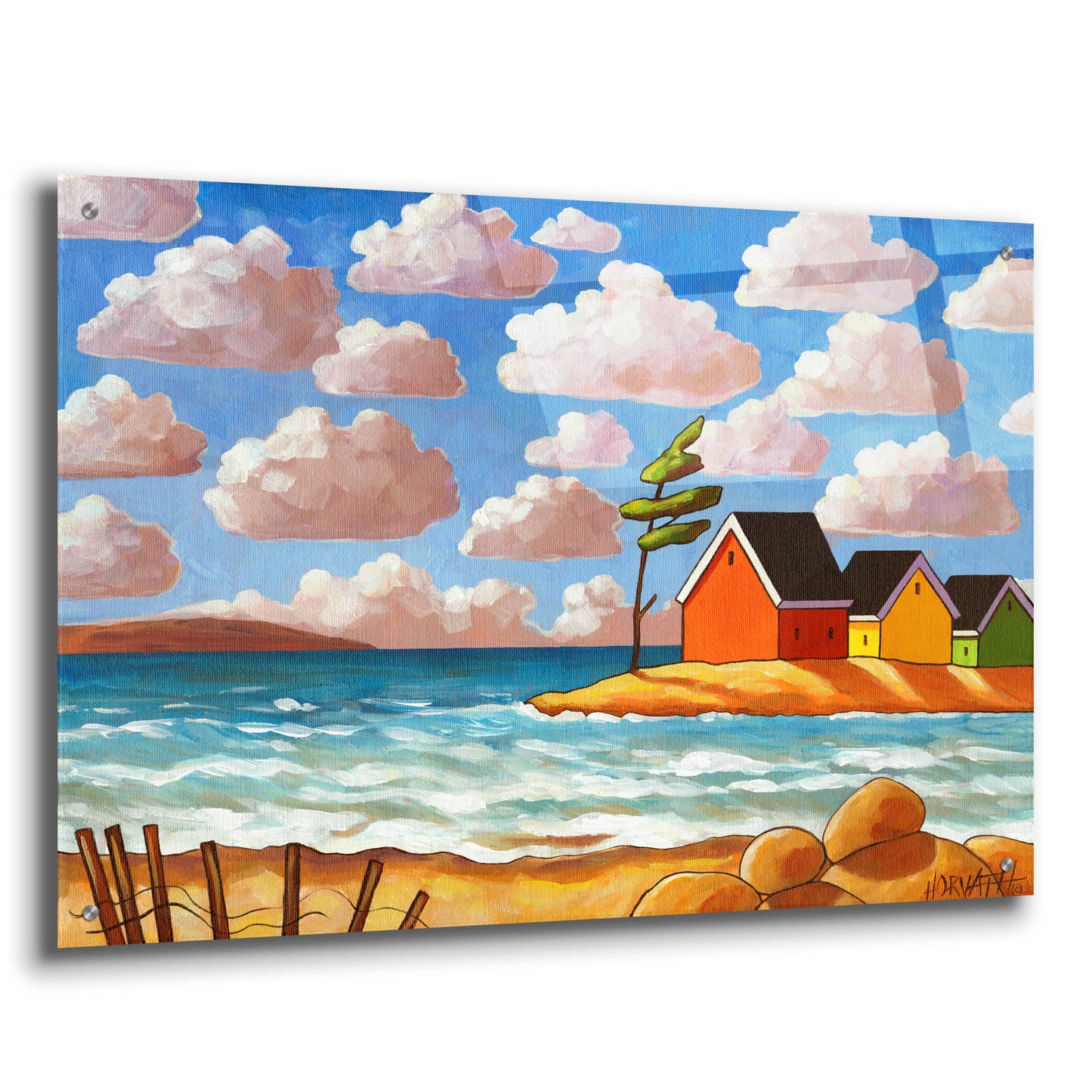 Epic Art 'Waves and Colorful Cabins Beach' by Cathy Horvath-Buchanan, Acrylic Glass Wall Art,36x24