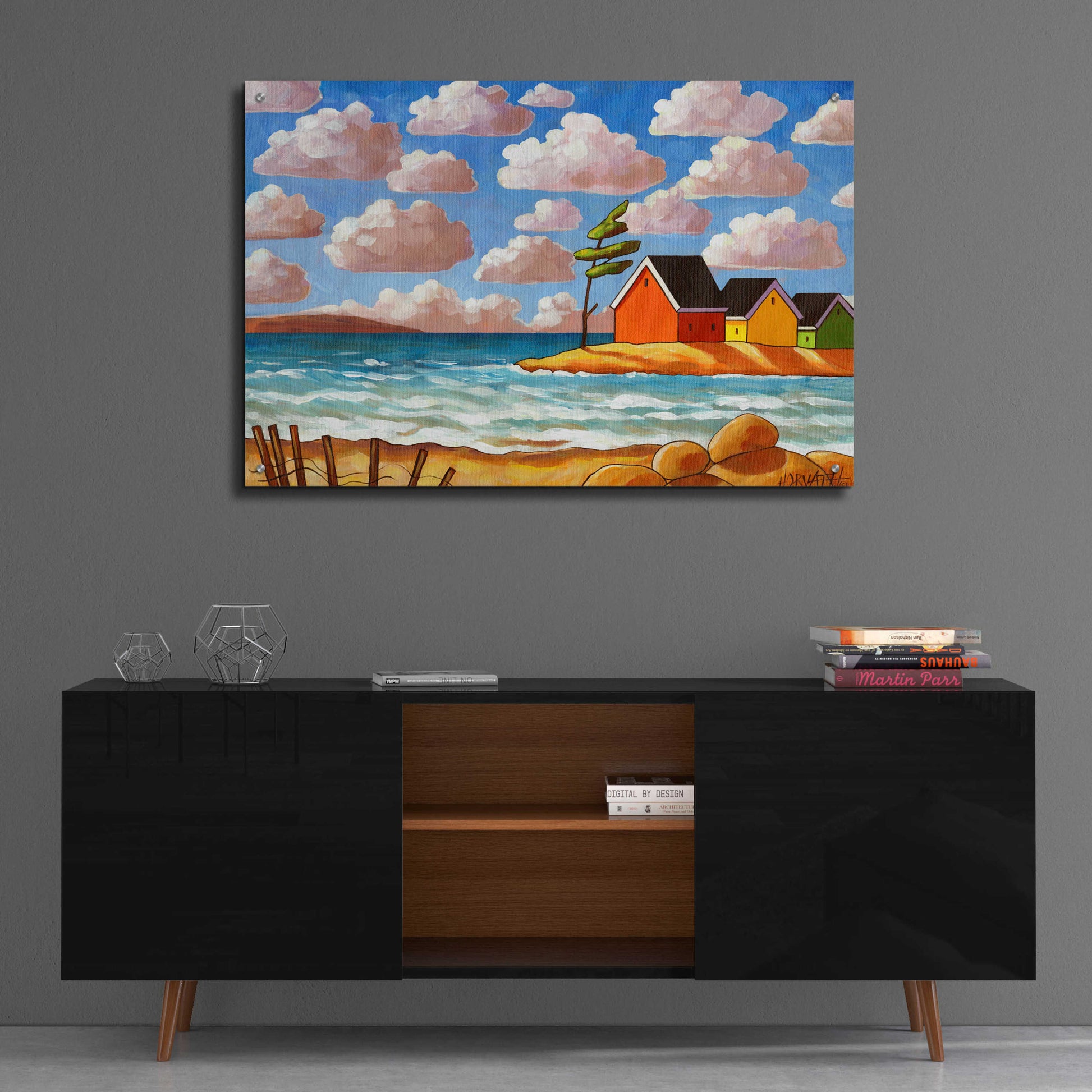 Epic Art 'Waves and Colorful Cabins Beach' by Cathy Horvath-Buchanan, Acrylic Glass Wall Art,36x24