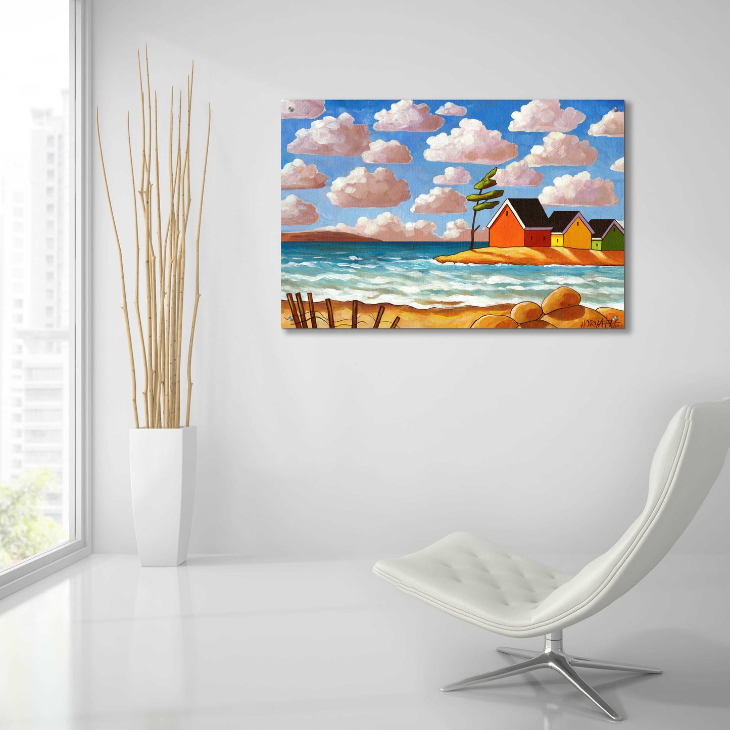 Epic Art 'Waves and Colorful Cabins Beach' by Cathy Horvath-Buchanan, Acrylic Glass Wall Art,36x24