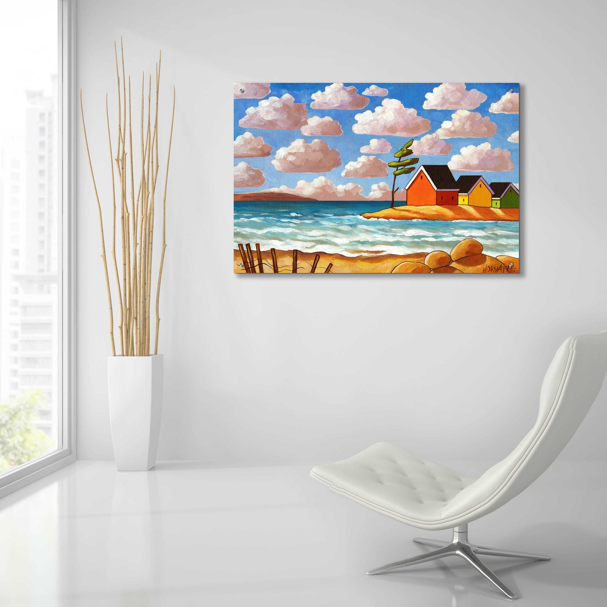 Epic Art 'Waves and Colorful Cabins Beach' by Cathy Horvath-Buchanan, Acrylic Glass Wall Art,36x24