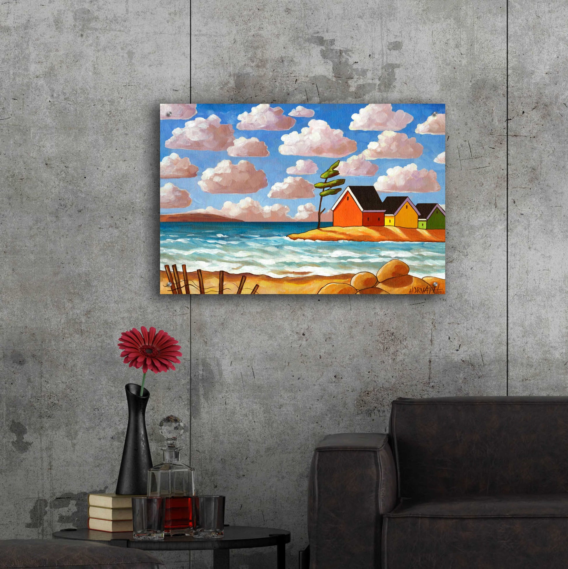 Epic Art 'Waves and Colorful Cabins Beach' by Cathy Horvath-Buchanan, Acrylic Glass Wall Art,36x24