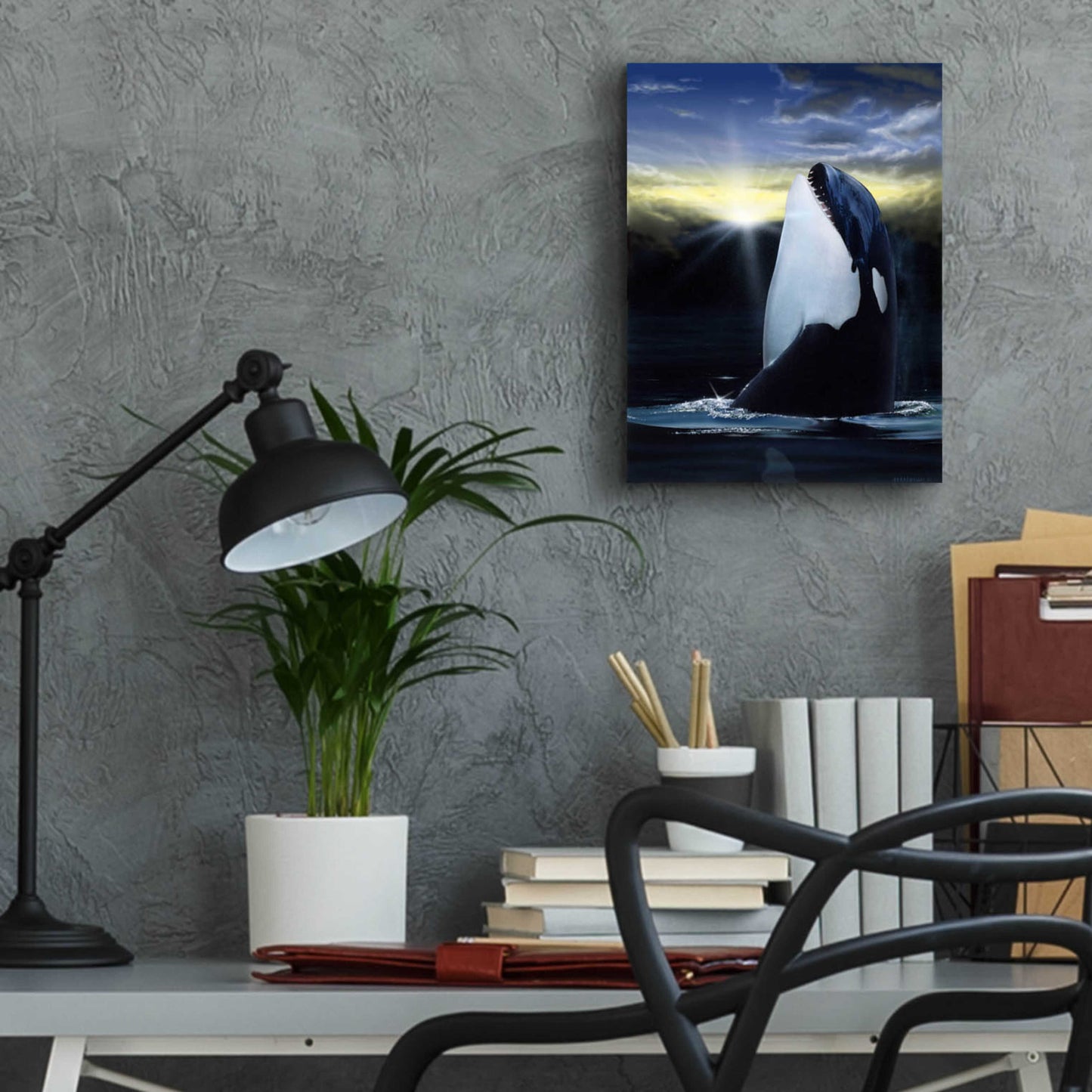 Epic Art 'Orca Sunset' by Chris Dobrowolski, Acrylic Glass Wall Art,12x16