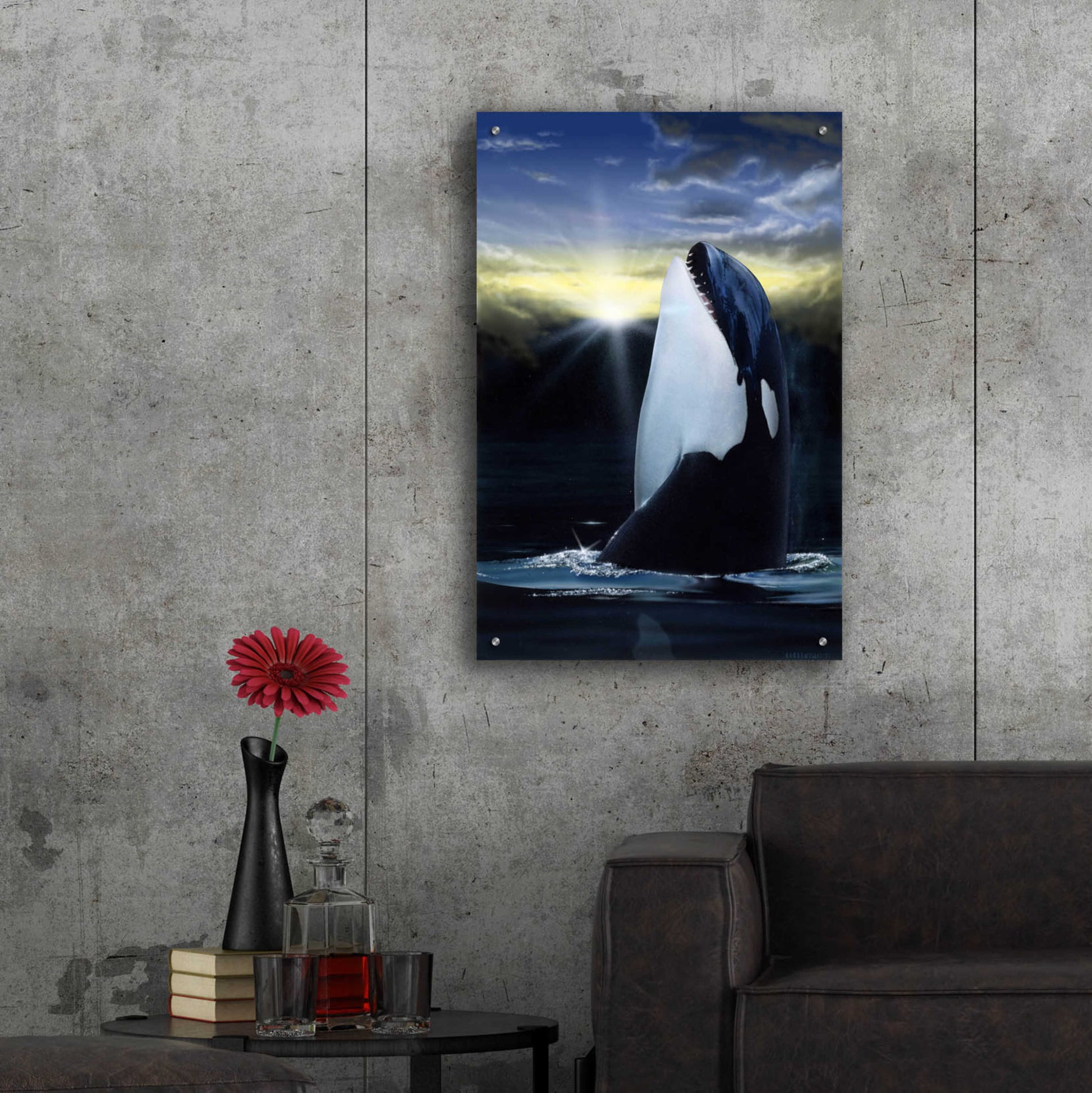 Epic Art 'Orca Sunset' by Chris Dobrowolski, Acrylic Glass Wall Art,24x36