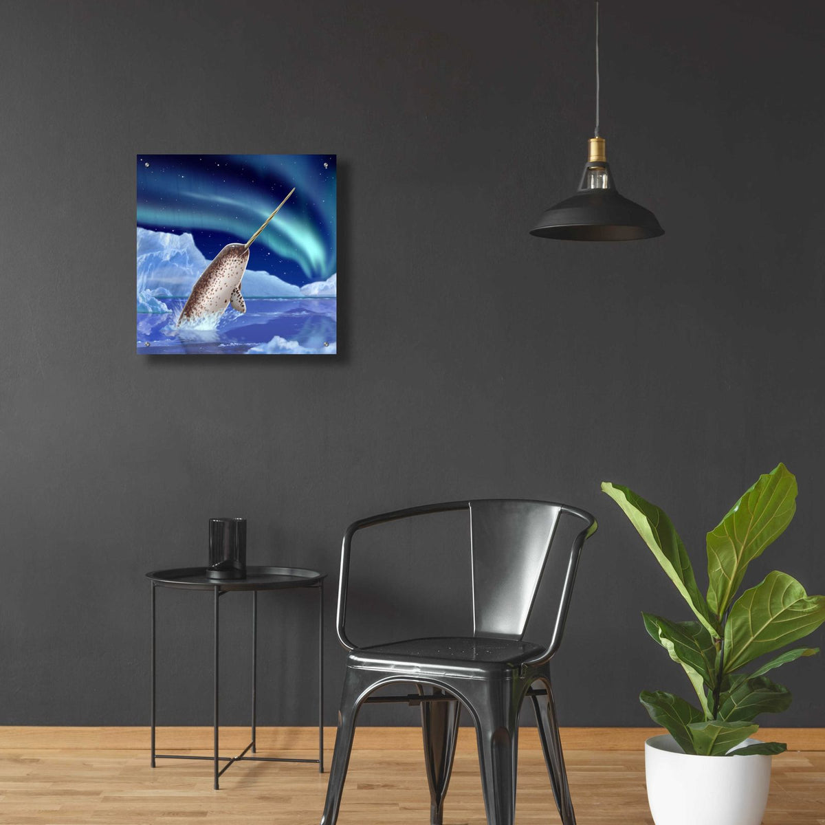 Narwhal and Northern Lights by Chris Dobrowolski - 24x24 acrylic wall art in a room