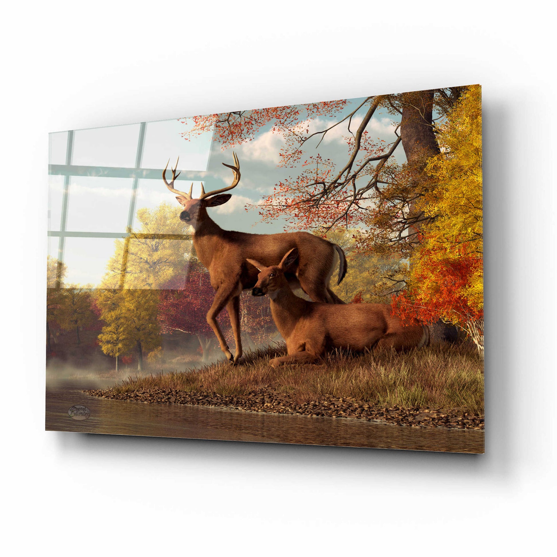 Epic Art 'Deer On An Autumn Lakeshore' by Daniel Eskridge, Acrylic Glass Wall Art,16x12