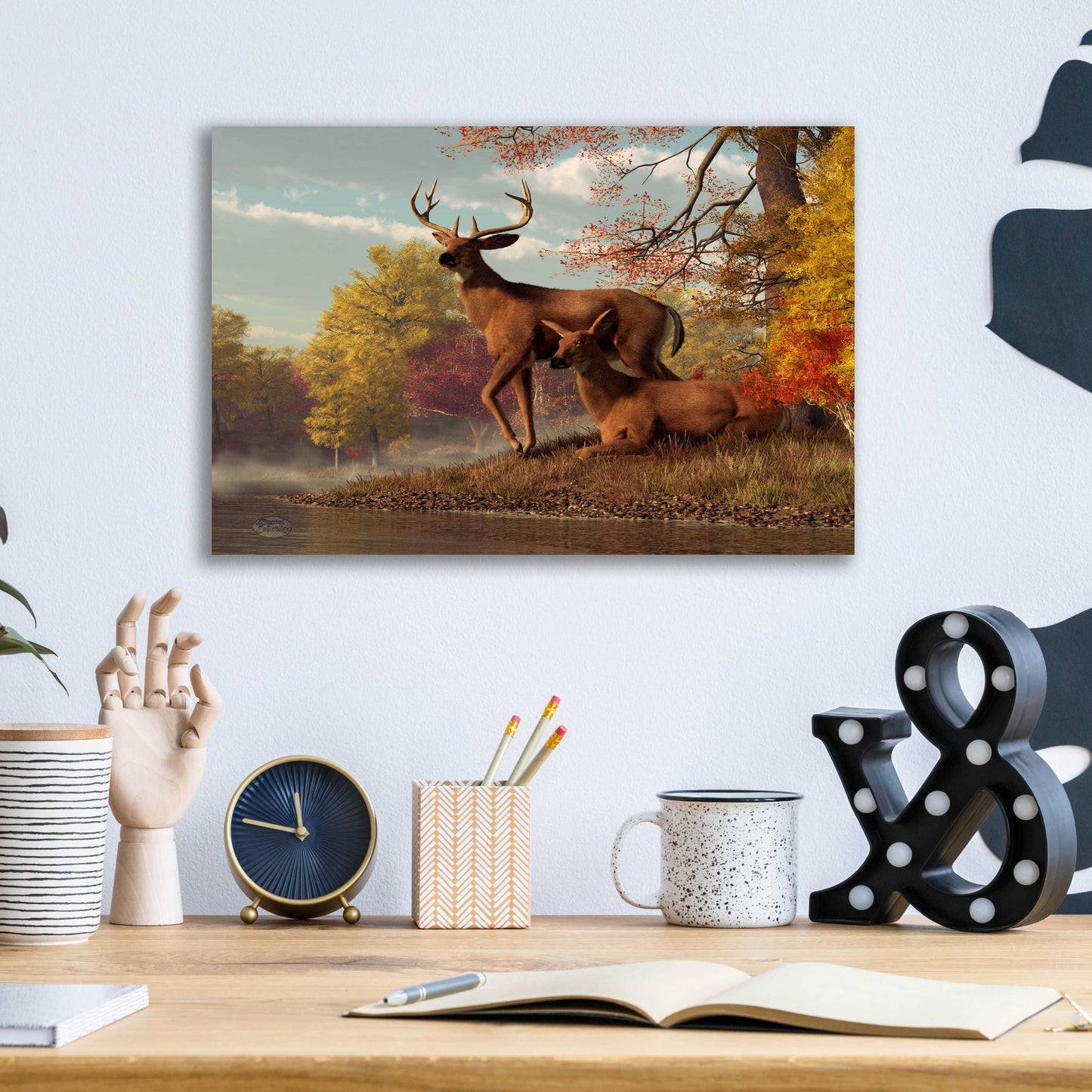 Epic Art 'Deer On An Autumn Lakeshore' by Daniel Eskridge, Acrylic Glass Wall Art,16x12