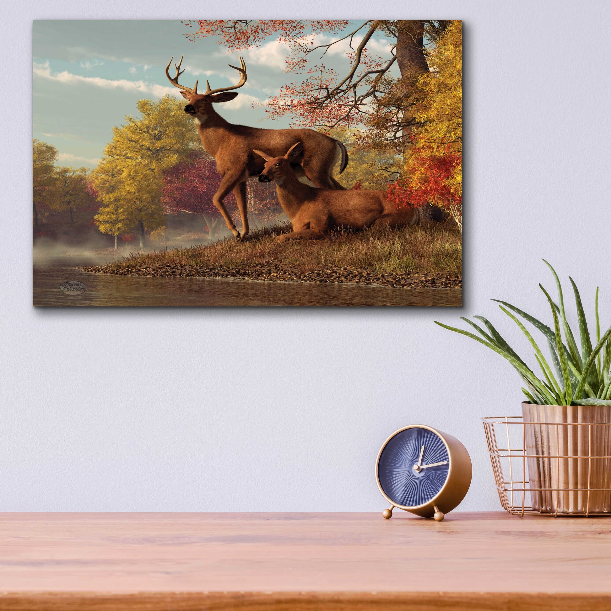 Epic Art 'Deer On An Autumn Lakeshore' by Daniel Eskridge, Acrylic Glass Wall Art,16x12