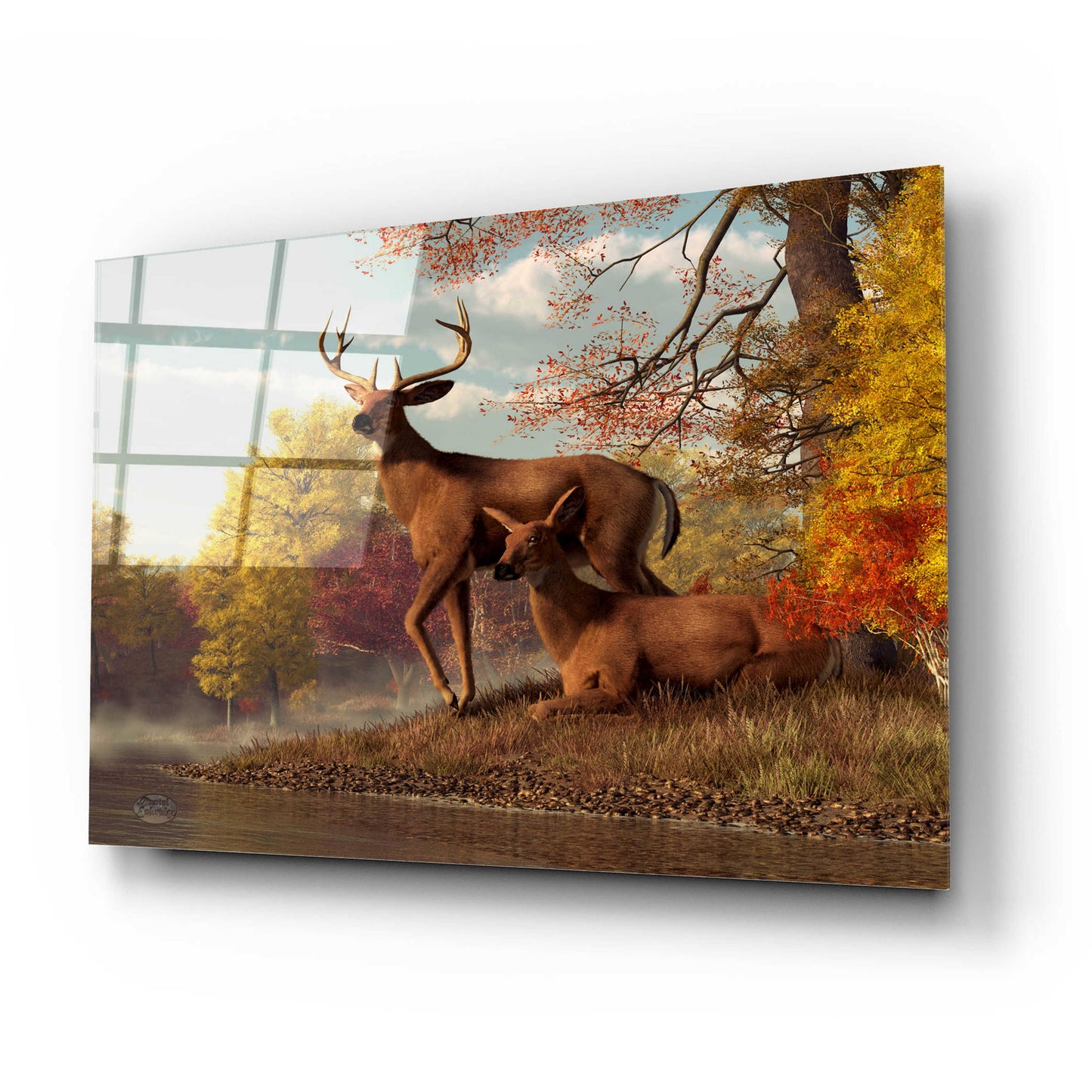 Epic Art 'Deer On An Autumn Lakeshore' by Daniel Eskridge, Acrylic Glass Wall Art,24x16