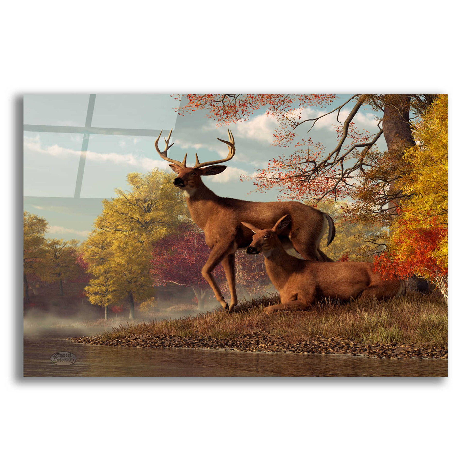 Epic Art 'Deer On An Autumn Lakeshore' by Daniel Eskridge, Acrylic Glass Wall Art,24x16