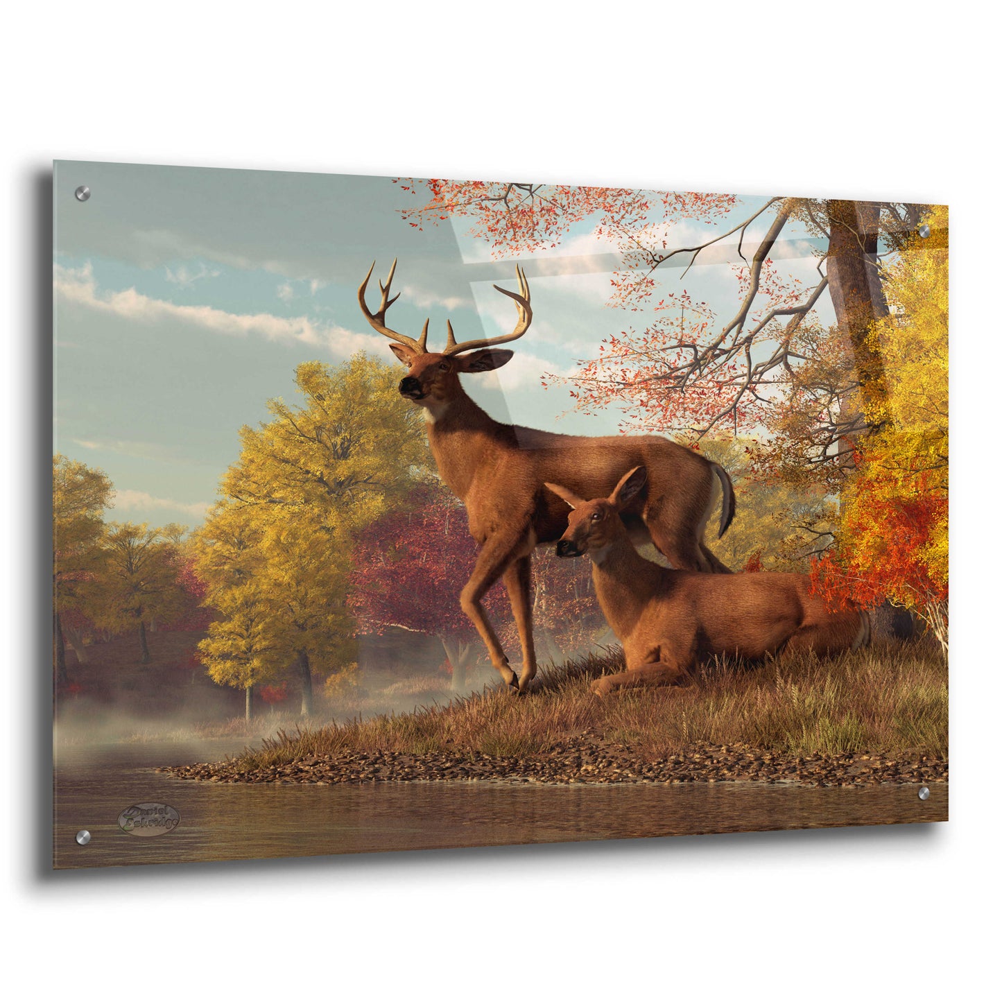 Epic Art 'Deer On An Autumn Lakeshore' by Daniel Eskridge, Acrylic Glass Wall Art,36x24