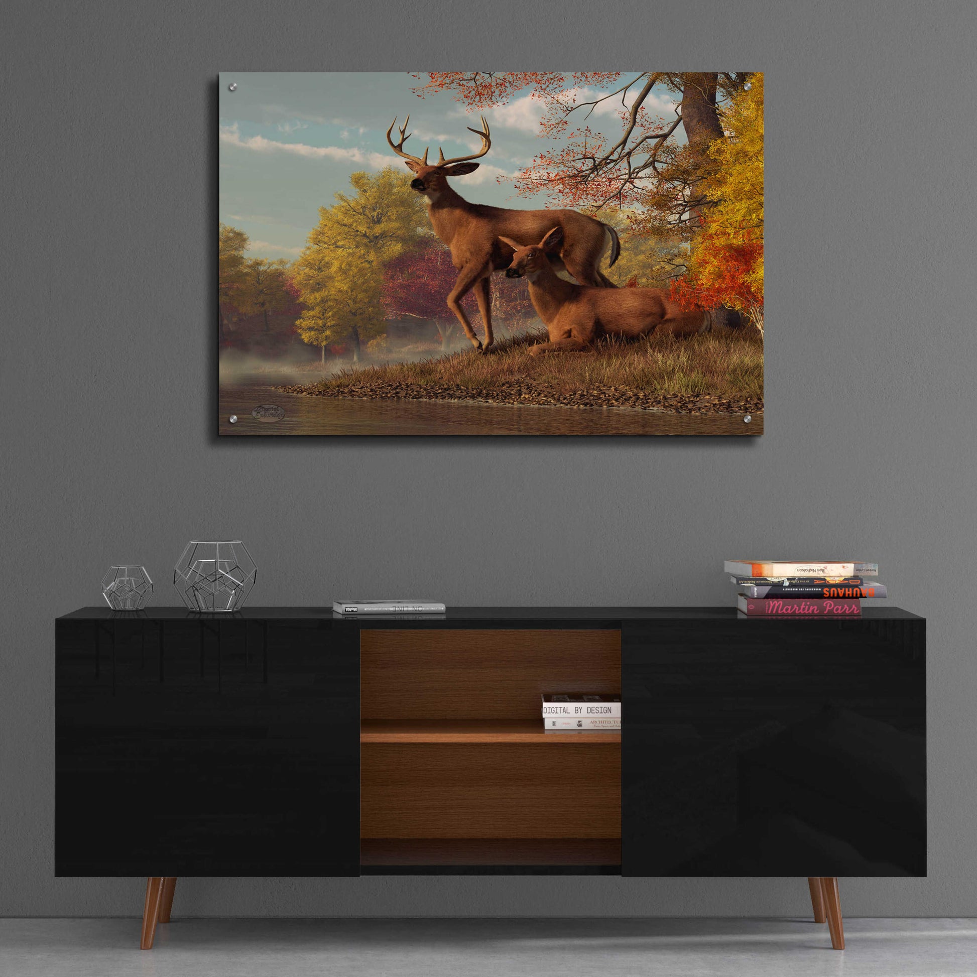 Epic Art 'Deer On An Autumn Lakeshore' by Daniel Eskridge, Acrylic Glass Wall Art,36x24